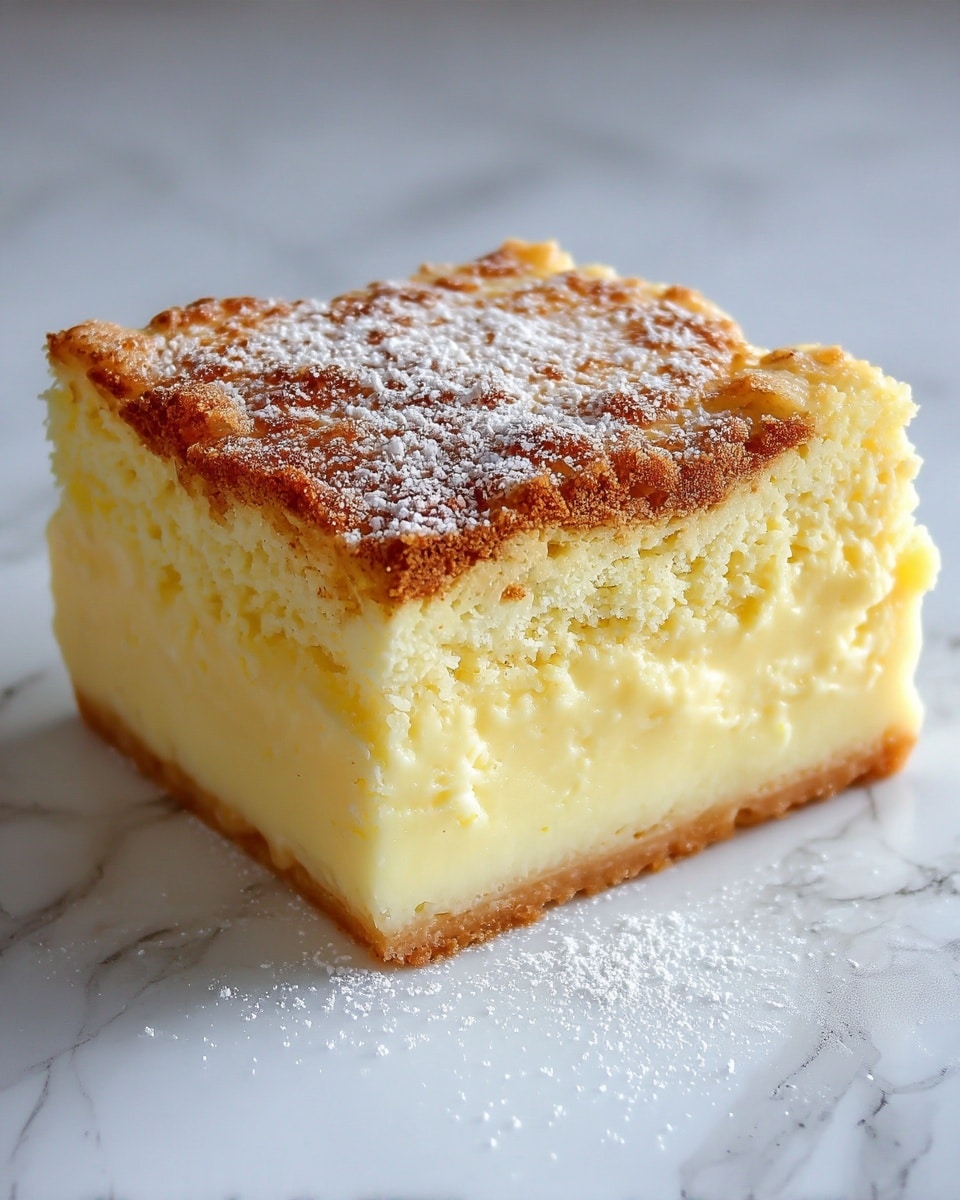 The image shows a close-up of a square piece of soft dessert with two distinct layers. The bottom layer is thick, smooth, and creamy with a pale yellow color and a custard-like texture. The top layer is thin and slightly crumbly with a golden-brown tone, giving a light, baked appearance. The dessert is sitting on a white marbled surface. Photo taken with an iphone --ar 4:5 --v 7