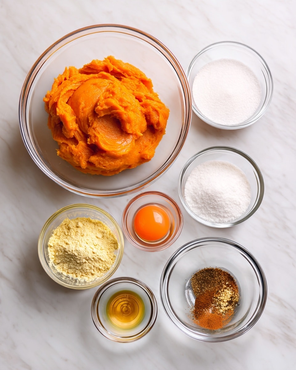 The image shows six clear glass bowls arranged on a white marbled surface. The largest bowl on the left holds a bright orange, smooth pumpkin puree. To the right of it, there are five smaller bowls in two rows: the top row has a medium bowl with white sugar and a small bowl with a single bright orange egg yolk, while the bottom row has a small bowl with light yellow flour, a tiny bowl with amber liquid, and another tiny bowl with brown and off-white spices mixed together. The bowls are clean and transparent, showing the colors and textures of each ingredient clearly. photo taken with an iphone --ar 4:5 --v 7