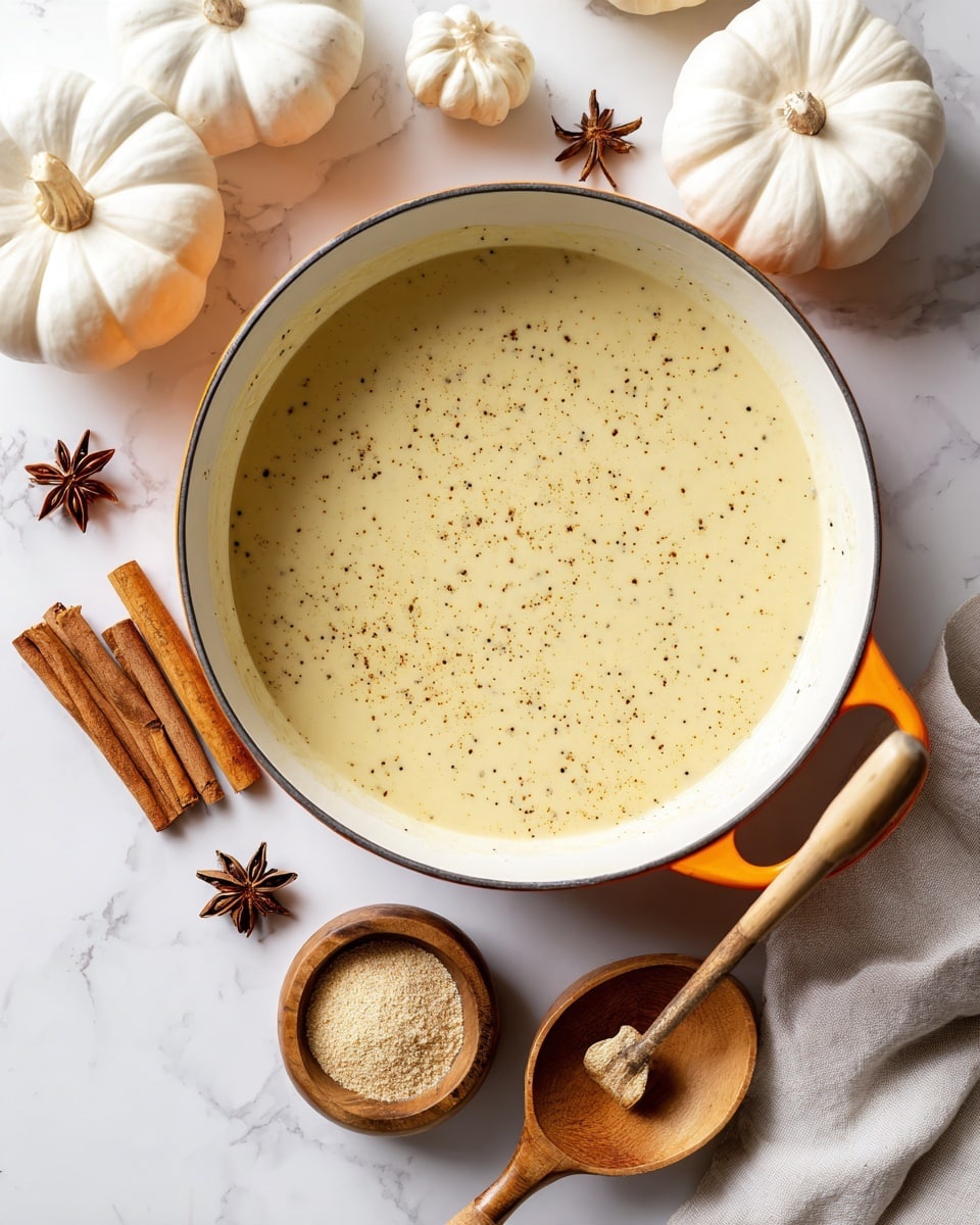 A white pan with an orange rim sits on a white marbled surface; inside the pan is a smooth, creamy pale yellow sauce with tiny black specks scattered throughout. Around the pan are white pumpkins, cinnamon sticks, star anise, and a small wooden bowl filled with light brown powder, all arranged neatly on the marbled surface. The scene has a clean, simple look with soft natural lighting. photo taken with an iphone --ar 4:5 --v 7