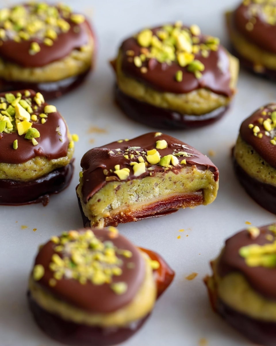 This image shows several small treats on a white marbled surface. Each treat has three layers: a shiny dark brown bottom layer, a thick middle layer that is light green with a rough texture, and a smooth dark brown top layer. The top layer is sprinkled with small bright yellow pieces that add color contrast. One treat in the front center is cut in half, showing the inside and the clarity between the three layers. The background is softly blurred to keep focus on the treats. Photo taken with an iphone --ar 4:5 --v 7