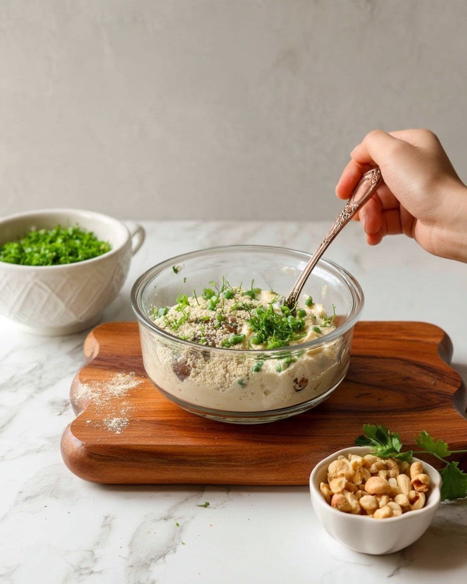 A clear glass bowl sits on a small wooden board with a white marbled background. Inside the bowl, there are multiple layers: at the bottom is a creamy light mixture, on top are scattered small green herbs, and sprinkled over everything is a light beige powdery ingredient. To the right of the bowl is a small white bowl filled with green herbs, and to the left is another small white bowl holding small beige pieces that look like chopped nuts. A woman's hand is shown holding a spoon stirring the ingredients in the glass bowl. Photo taken with an iphone --ar 4:5 --v 7