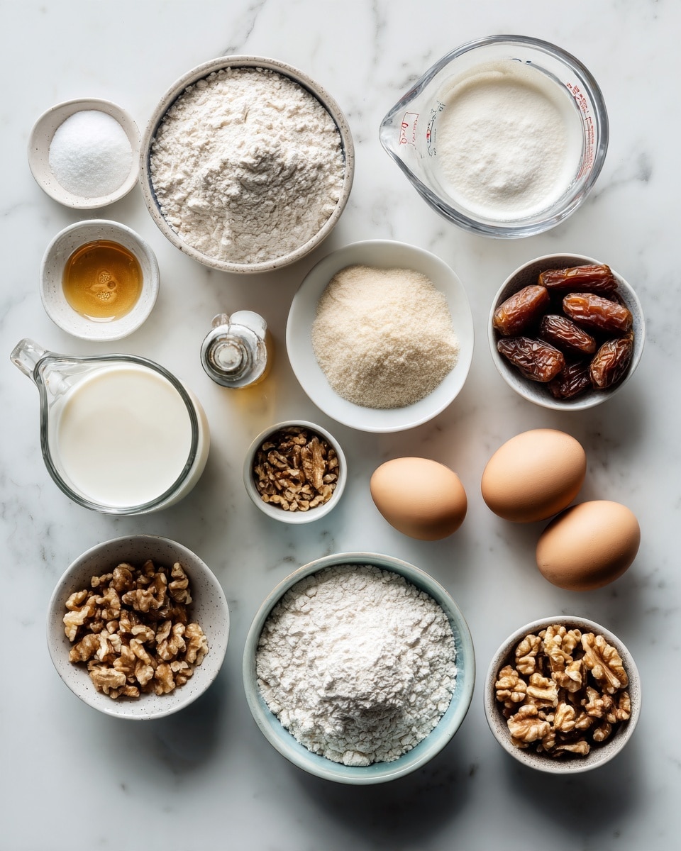 Top-down professional food photography flat lay style, bright white marble countertop, neatly arranged, evenly spaced, tidy, clean organized layout, include: bowl of all-purpose flour, small bowl of baking powder, small bowl of baking soda, small bowl of salt, bowl of chopped Medjool dates, glass measuring cup of hot milk, small plate with two large eggs, bottle of vegetable oil, bottle of vanilla essence, small bowl of finely chopped walnuts, additional small bowl of chopped walnuts for topping, bright soft natural lighting, sharp focus, high detail textures, realistic reflections, professional DSLR look, 4K, no finished dish, no cooked food, no hands, no text, no watermark, no brand logos --ar 4:5 --v 7