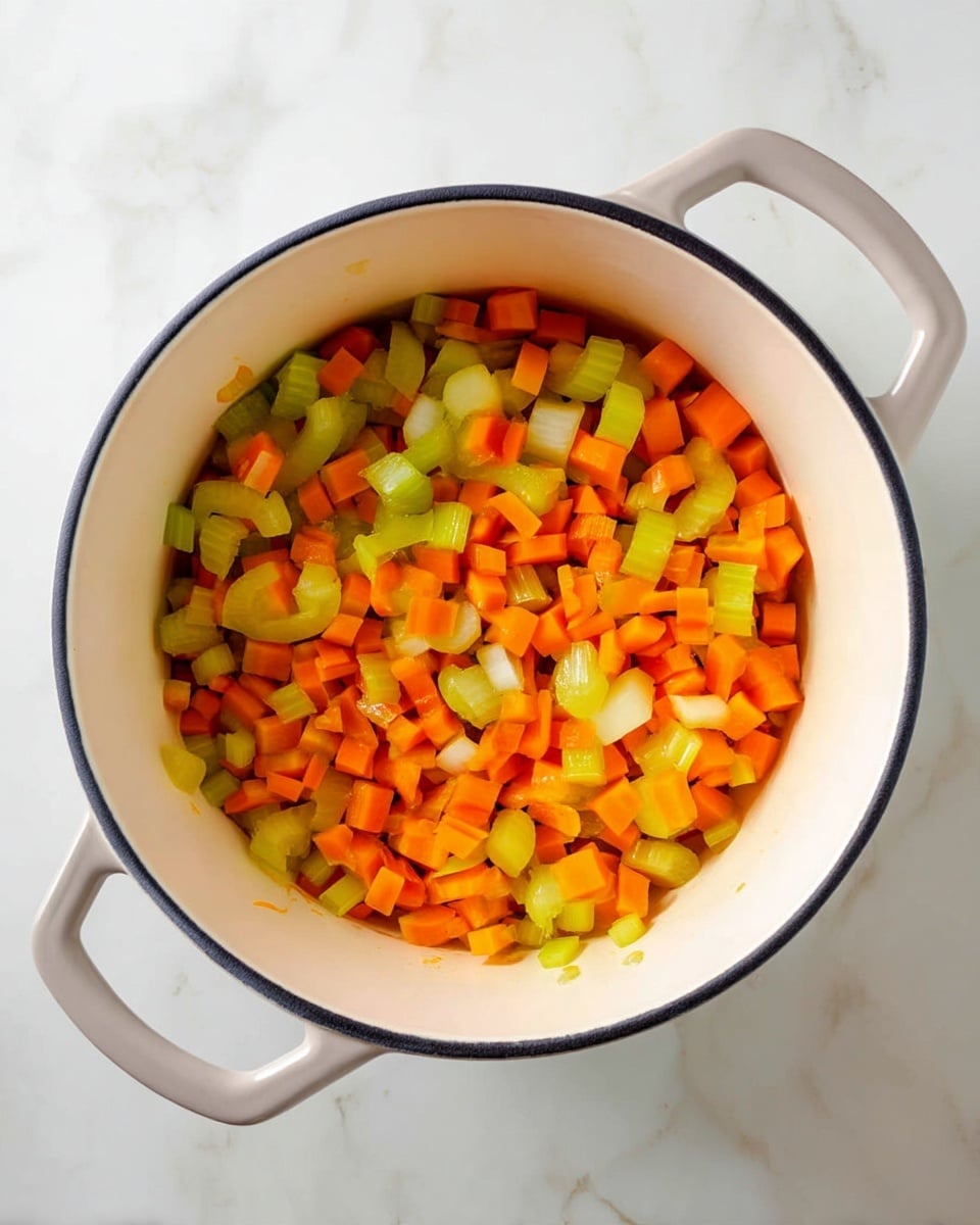 A white pot with two handles is filled with small, evenly chopped orange carrots and pale green celery pieces mixed together. The vegetables cover the whole bottom of the pot in a single layer, showing a fresh and slightly shiny texture. The pot sits on a white marbled surface, giving a clean and bright background to the colorful mix inside. photo taken with an iphone --ar 4:5 --v 7