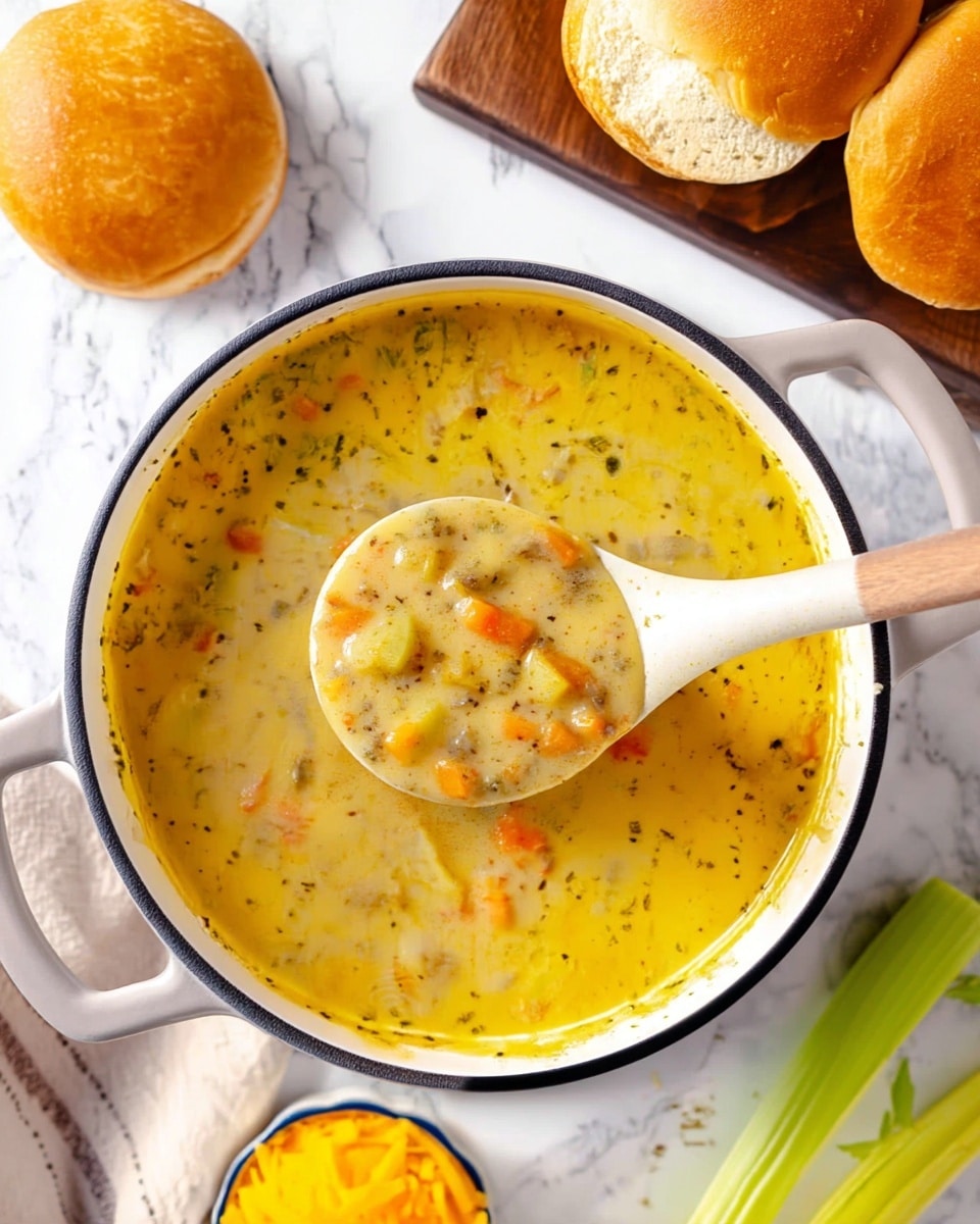 A white pot filled with a creamy soup that has a yellowish color with specks of green herbs. Floating in the soup are small pieces of orange carrot and yellow potato chunks, creating a colorful contrast. A white ladle with a wooden handle is scooping up the soup, showing a close-up of the thick texture with visible vegetables and herbs. The pot sits on a white marbled surface, with golden brown hamburger buns on a wooden board in the top right corner, a beige cloth in the lower left, a small bowl filled with shredded yellow cheese, and a celery stick on the bottom right. Photo taken with an iphone --ar 4:5 --v 7
