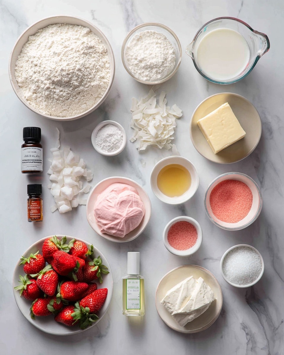 Top-down professional food photography flat lay style, bright white marble countertop, neatly arranged, evenly spaced, tidy, clean organized layout, include: bowl of plain flour, small bowl of baking powder, small bowl of bicarbonate of soda, small bowl of cornflour, bowl of caster sugar, small plate of melted dairy-free butter, glass measuring cup of dairy-free milk, small bottle of apple cider vinegar, small bowl of dairy-free vanilla or strawberry yogurt, small bottle of strawberry flavoring, small plate of softened dairy-free block butter, small bowl of dairy-free cream cheese, small bowl of icing sugar, small bowl of pink food gel or freeze dried strawberry powder, small bowl of desiccated coconut, plate of fresh strawberries, bright soft natural lighting, sharp focus, high detail textures, realistic reflections, professional DSLR look, 4K, no finished dish, no cooked food, no hands, no text, no watermark, no brand logos --ar 4:5 --v 7