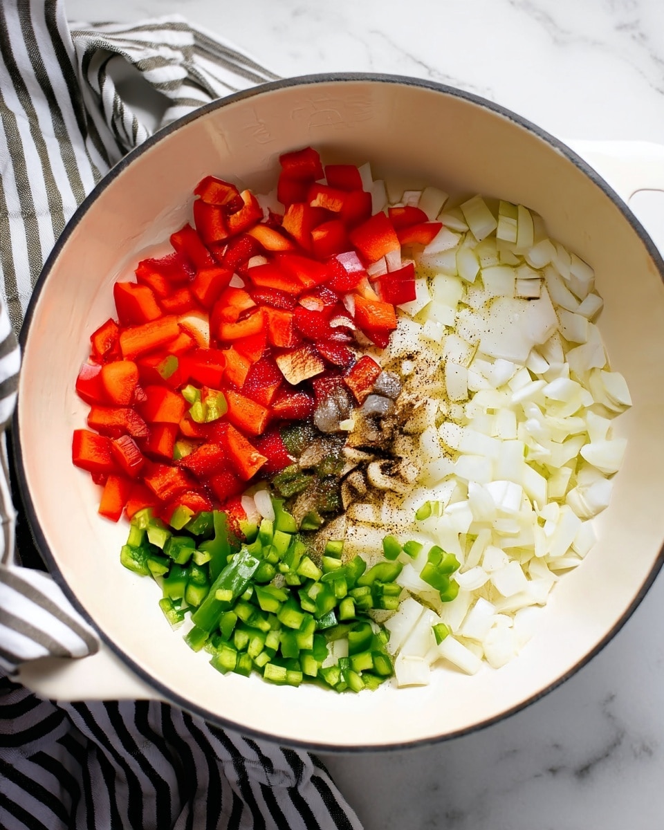 A white pot shows three main layers of chopped vegetables arranged in sections: on the left, bright red bell peppers with some crushed black pepper on top, on the right, white onions with slightly coarse texture, and at the bottom, small green diced bell peppers. In the center, there are some small brown bits of seasoning and spices sprinkled evenly. The pot is sitting on a white marbled surface, and a striped black and white cloth is partly visible to the left. photo taken with an iphone --ar 4:5 --v 7