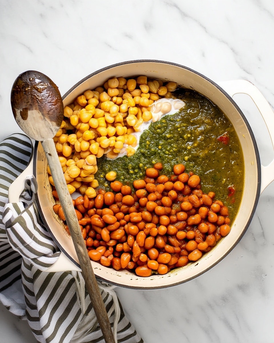 A white round pot on a white marbled surface holds four distinct layers of food from top to bottom. The top layer is yellow chickpeas with a smooth and rounded texture. Below it is a layer of orange-brown beans with a shiny, glossy look. To the right, there is a dark green sauce with bits of red and a thick, slightly coarse texture. In the middle, there is a white creamy sauce spread between the beans and the green sauce, mixing a little with both. A wooden spoon with a dark brown end rests inside the pot on the left side, and a white and gray striped cloth is partially visible under the pot on the left. photo taken with an iphone --ar 4:5 --v 7