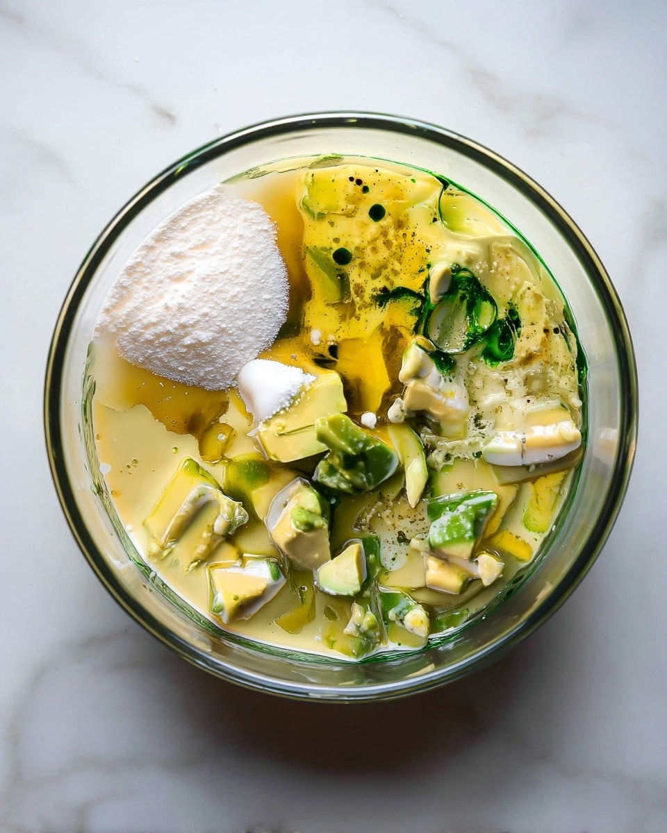 A clear glass bowl on a white marbled surface holds a mixture of several layers: small cubes of light green avocado evenly spread throughout a creamy pale yellow batter, droplets of dark green oil scattered on top, a white powdery substance on one side, and a translucent pale golden liquid partly filling the bowl, creating a textured and colorful blend. photo taken with an iphone --ar 4:5 --v 7