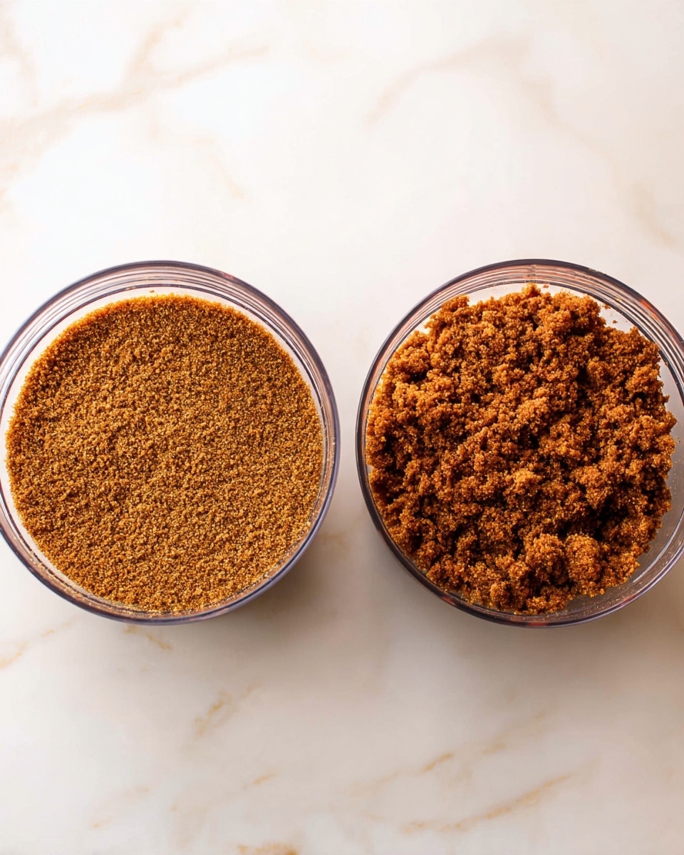 The image shows two clear food processor containers filled with a brown crumbly mixture. The container on the left has a finer, evenly ground texture with small, uniform brown particles spread flat across the bottom. The container on the right contains a coarser mixture with larger clumps of the same brown crumbly substance, forming a rough, uneven layer. Both containers rest on a white marbled surface, viewed from above. photo taken with an iphone --ar 4:5 --v 7