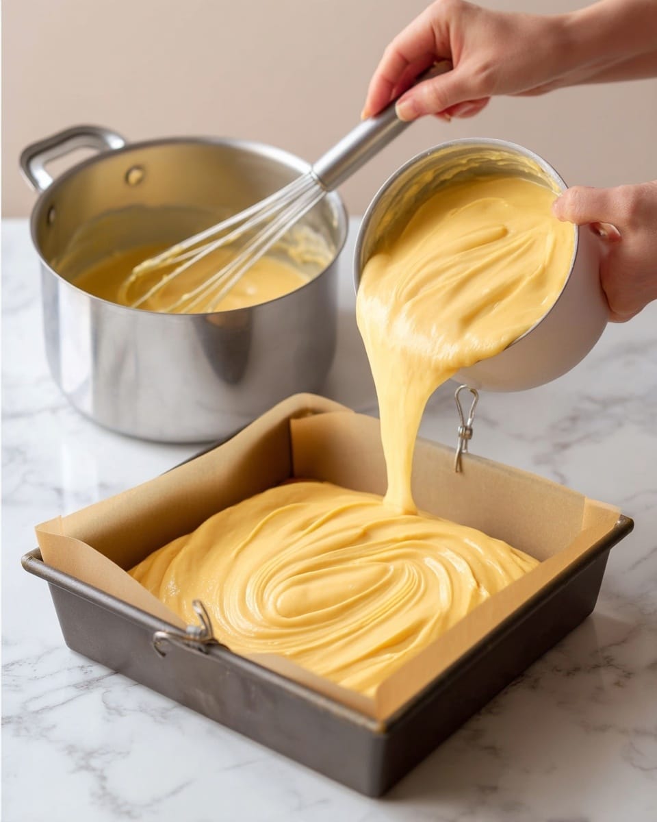 The image shows two views of a thick, smooth, pale yellow batter with a creamy texture. On the left side, the batter sits in a shiny silver pot with a woman's hand holding a whisk mixing the batter, creating soft swirls. On the right side, the batter is being poured in a thick stream by a woman's hand into a square baking pan lined with light brown parchment paper, sitting on a white marbled surface. The batter forms a slowly folding, thick mound with visible smooth ripples as it lands. photo taken with an iphone --ar 4:5 --v 7