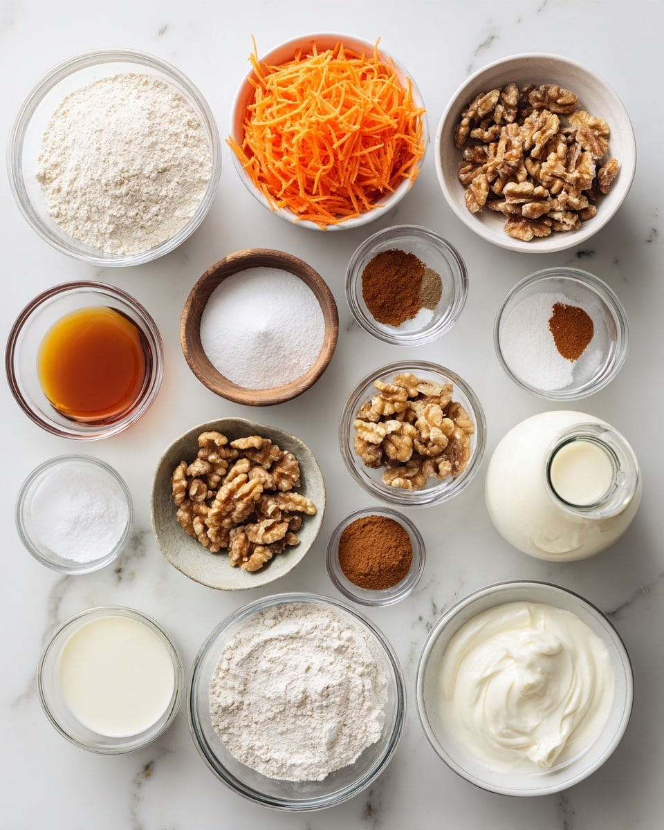 Top-down professional food photography flat lay style, bright white marble countertop, neatly arranged, evenly spaced, tidy, clean organized layout, include: bowl of shredded carrots, bowl of all-purpose flour, small bowl of brown sugar, bowl of powdered sugar, small bowl of baking powder, small bowl of cinnamon, small bowl of salt, small bowl of baking soda, small bowl of nutmeg, bowl of chopped walnuts, glass measuring cup of dairy free milk, glass measuring cup of melted coconut oil, small glass cup of maple syrup, small glass cup of unsweetened applesauce, small glass cup of apple cider vinegar, bottle of vanilla essence, bowl of chilled full fat coconut cream, bowl of vegan shortening, bowl of vanilla flavoring, bright soft natural lighting, sharp focus, high detail textures, realistic reflections, professional DSLR look, 4K, no finished dish, no cooked food, no hands, no text, no watermark, no brand logos --ar 4:5 --v 7