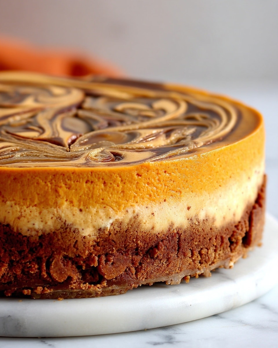 This is a close-up of a cheesecake with three distinct layers on a white marbled surface. The bottom layer is a rough-textured brown crust, thick and crumbly. Above it is a smooth, creamy orange layer, which looks dense and firm. The top layer has swirls of light and dark brown creating a marbled pattern, with a glossy, slightly uneven texture, giving it a rich look. The background includes soft, out-of-focus orange and yellow tones. photo taken with an iphone --ar 4:5 --v 7