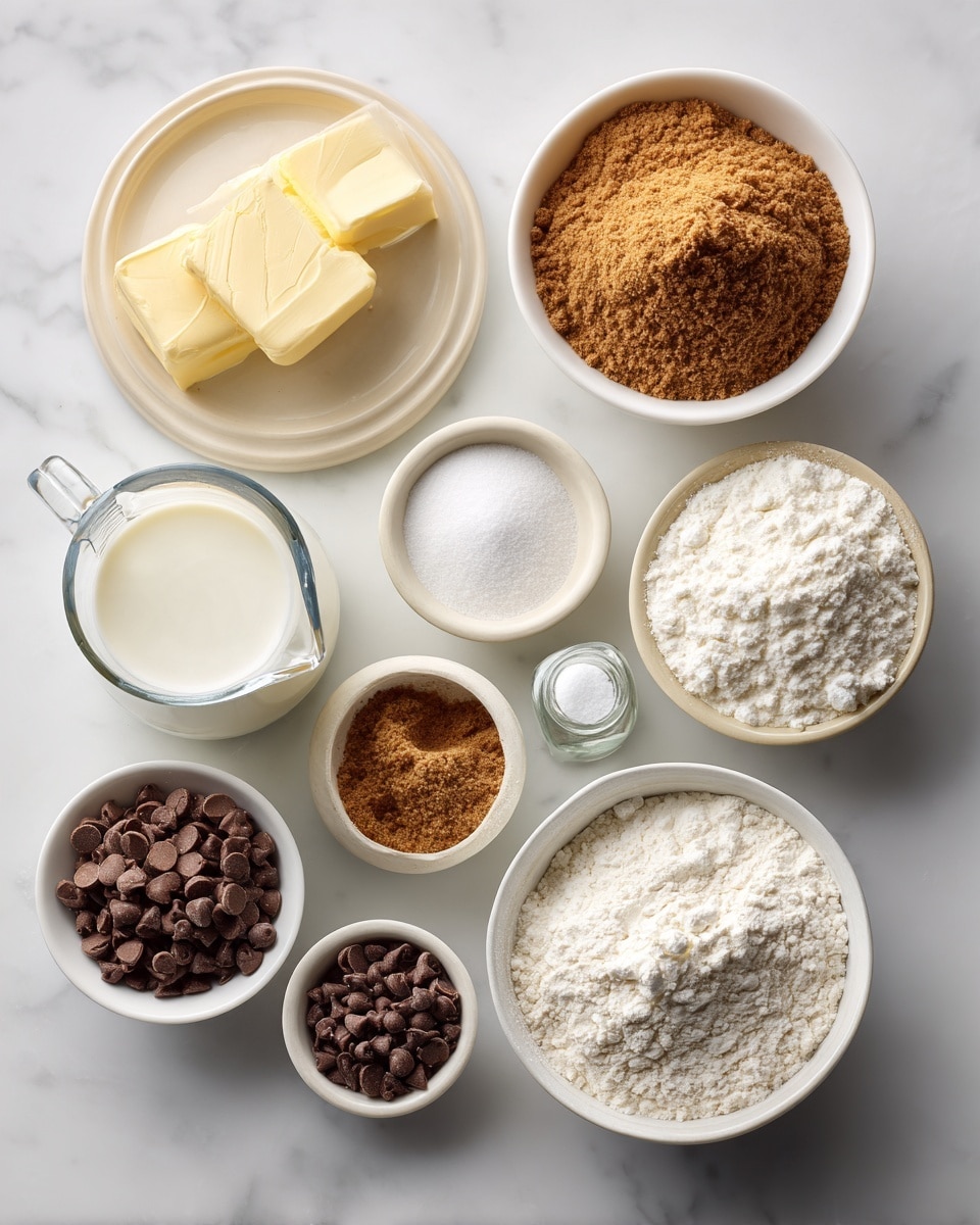 Top-down professional food photography, flat lay style, bright white marble countertop, neatly arranged, evenly spaced, tidy, clean organized layout, include: small plate of softened unsalted butter, small bowl of packed brown sugar, large bowl of powdered sugar, small bowl of all-purpose flour, small bowl of salt, glass measuring cup of milk, small bottle of vanilla essence, small bowl of mini chocolate chips, bright soft natural lighting, sharp focus, high detail textures, realistic reflections, professional DSLR look, 4K, no finished dish, no cooked food, no hands, no text, no watermark, no brand logos --ar 4:5 --v 7
