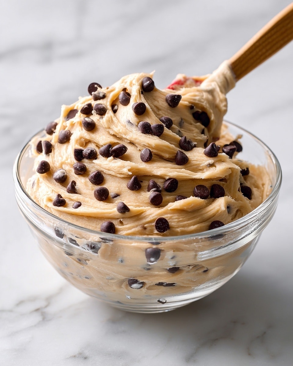 A clear glass bowl filled with thick, creamy beige cookie dough mixed with many small dark chocolate chips scattered inside the dough. A wooden spatula is partially buried in the dough, lifting some of it, showing a smooth and soft texture with gentle swirls. The bowl sits on a white marbled surface. photo taken with an iphone --ar 4:5 --v 7