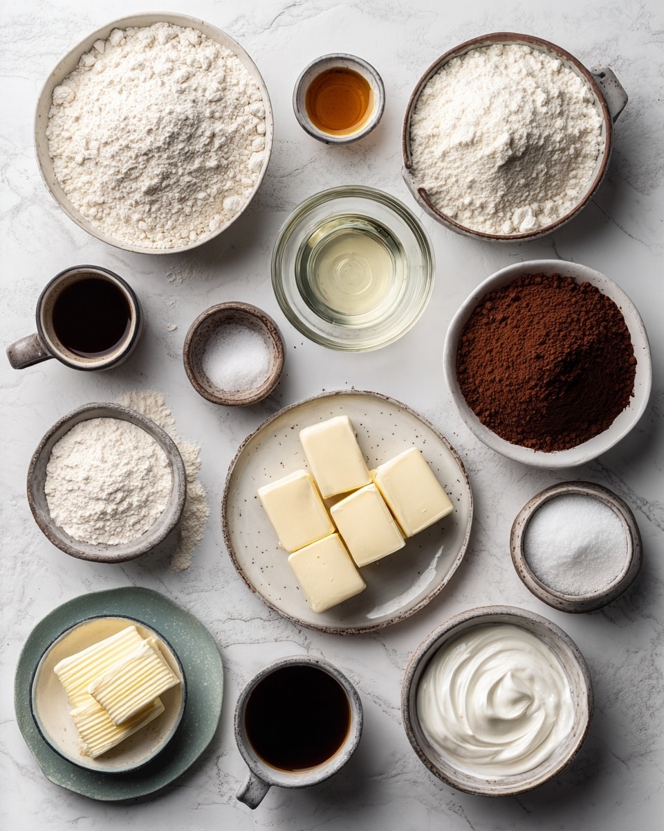 Top-down professional food photography flat lay style, bright white marble countertop, neatly arranged, evenly spaced, tidy, clean organized layout, include: large bowl of all-purpose flour, bowl of granulated sugar, small bowl of cocoa powder, small bowl of baking soda, small bowl of salt, glass measuring cup of canola oil, small glass cup of white vinegar, small glass bottle of vanilla flavoring, glass measuring cup of water, glass cup of hot brewed coffee, small plate of unsalted butter sticks softened, large bowl of cocoa powder for frosting, medium bowl of powdered sugar, small glass cup of heavy cream, small glass bottle of vanilla flavoring for frosting, small bowl of salt (optional), bright soft natural lighting, sharp focus, high detail textures, realistic reflections, professional DSLR look, 4K, no finished dish, no cooked food, no hands, no text, no watermark, no brand logos --ar 4:5 --v 7