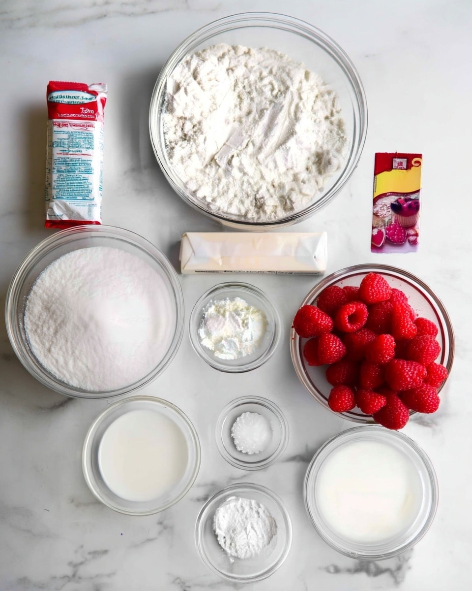 The image shows a collection of clear glass bowls and a small package, all placed on a white marbled surface. At the top center, there is a large bowl filled with white flour. Below it to the left is a medium-sized bowl with white granulated sugar. To the right of the sugar is a small bowl with a white powder, likely baking soda or baking powder. To the right of this, there is a large bowl filled with bright red raspberries. In the center, there is a rectangular white butter package. Below the butter to the left, there is a small bowl containing milk, and next to it is another medium bowl with a white liquid, possibly cream or yogurt. Below these bowls, there are two small bowls, one with a white powder and the other with white granulated salt. To the far right near the raspberries, there is a small yellow packet with red and pink designs. All items are neatly arranged on the white marbled surface. Photo taken with an iphone --ar 4:5 --v 7