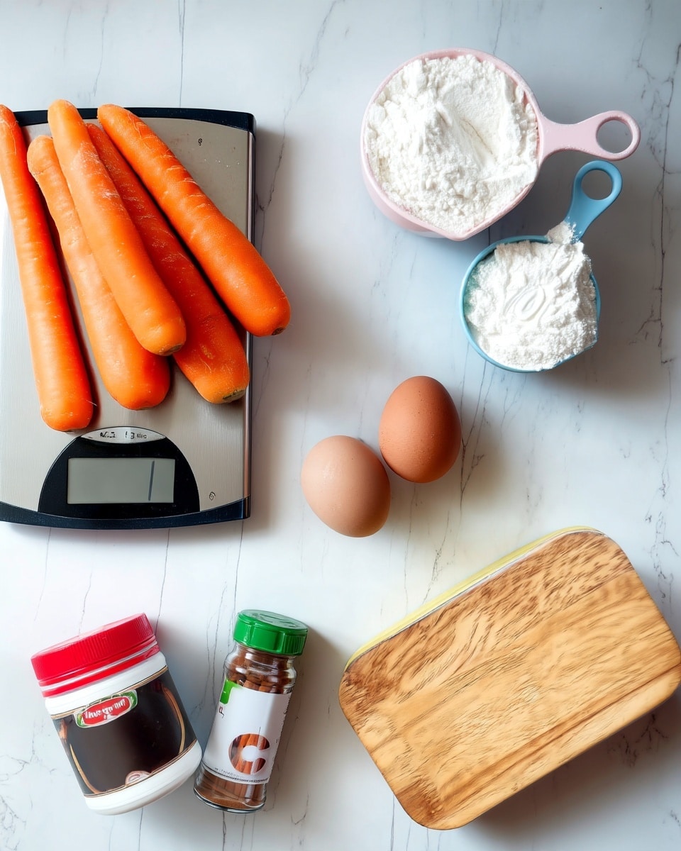 The image shows a white marbled surface with several ingredients neatly arranged: on the left, six fresh orange carrots lay on a digital scale; at the top right, two measuring cups filled with white flour—one pink and one blue; below the flour, two brown eggs rest side by side; at the bottom left, there is a small jar of white powder with a red lid and a small jar of cinnamon with a green lid; on the right side, a light wooden chopping board sits empty. The lighting is soft and natural, highlighting the textures and colors clearly, photo taken with an iphone --ar 4:5 --v 7