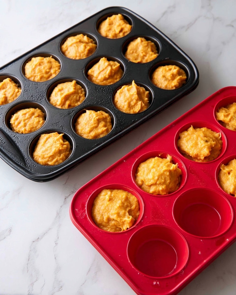 Two muffin trays filled with orange batter sit on a white marbled surface. The black tray holds twelve portions of the batter rounded and slightly textured, each filling most of the round molds. The red tray has six portions of the same orange batter, with one mold empty, showing its smooth surface. The batter looks soft and thick, with bits visible in the texture. photo taken with an iphone --ar 4:5 --v 7