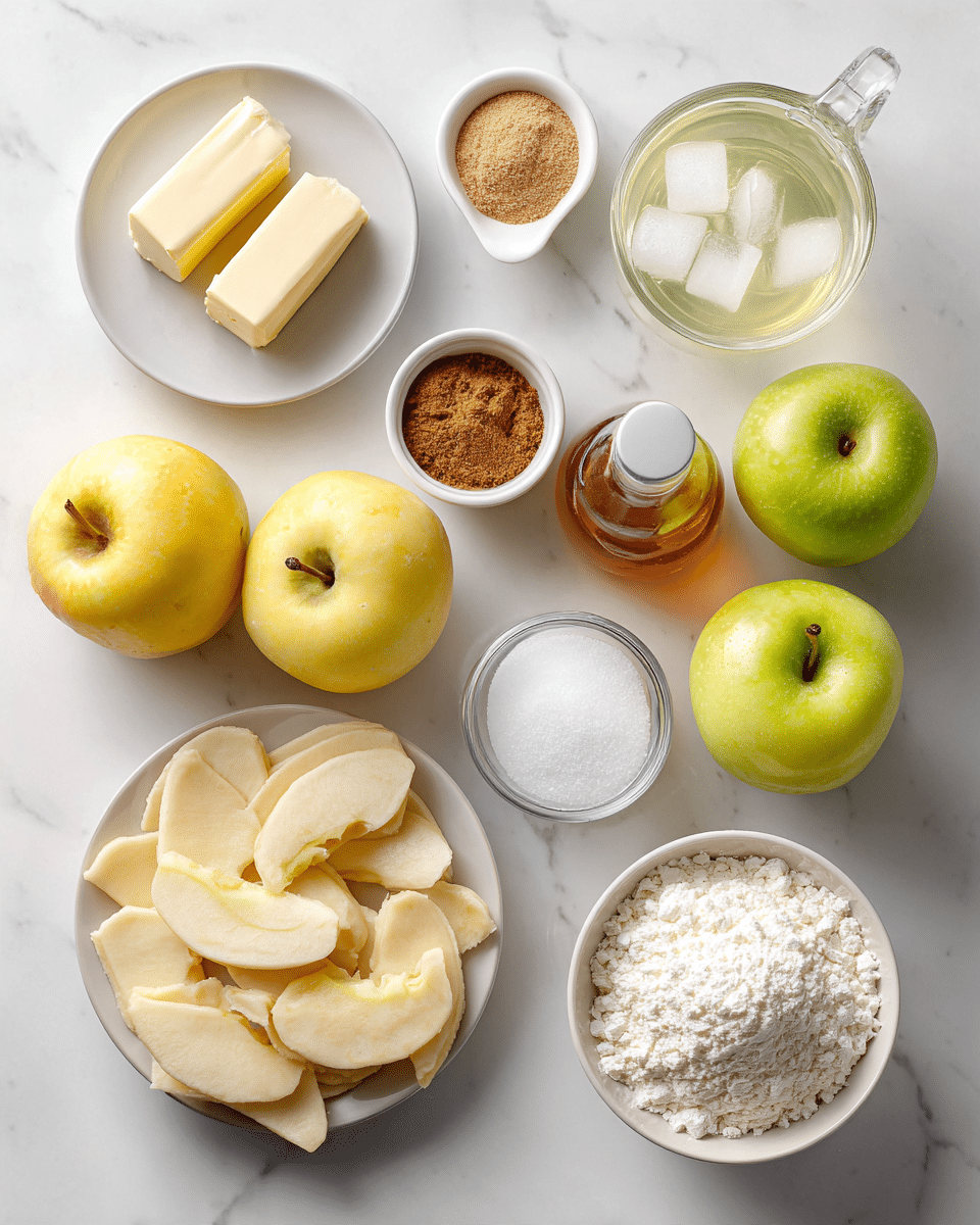 Top-down professional food photography, flat lay style, bright white marble countertop, neatly arranged, evenly spaced, tidy, clean organized layout, include: small plate with two sticks of butter, small bowl of light brown sugar, small bowl of ground cinnamon, bottle of vanilla flavoring, glass measuring cup filled with clear lemon-lime soda, two whole apples (one yellow, one green) peeled and cored with apple slices laid out on a small plate, small bowl with unrolled crescent roll dough triangles, bright soft natural lighting, sharp focus, high detail textures, realistic reflections, professional DSLR look, 4K, no finished dish, no cooked food, no hands, no text, no watermark, no brand logos --ar 4:5 --v 7