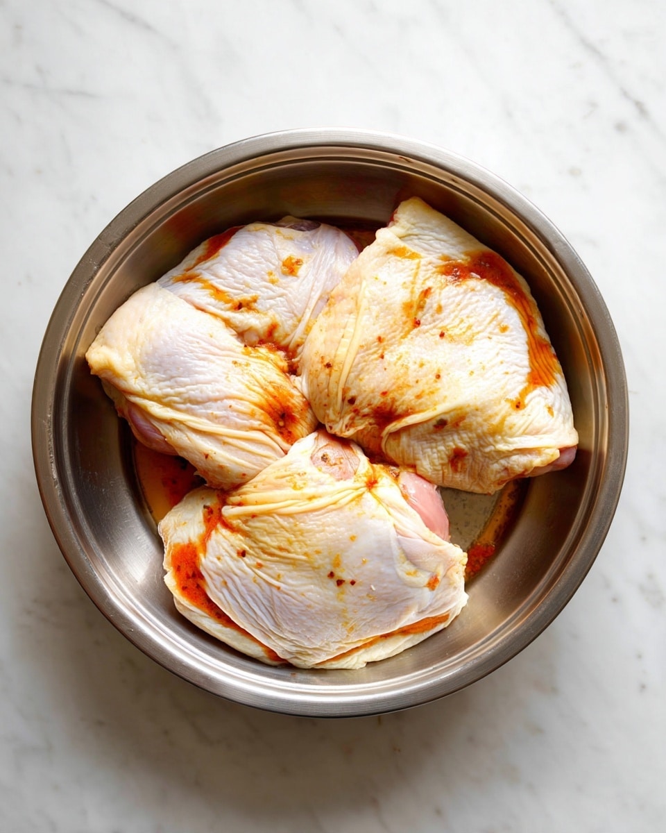 A round stainless steel bowl holds three large pieces of raw chicken with skin on, laid flat and close to each other, each piece showing wrinkled white skin with some small pink areas of meat visible underneath; a thin layer of reddish-brown marinade is drizzled unevenly over each piece, creating contrast against the pale skin; the bowl is placed on a white marbled surface. photo taken with an iphone --ar 4:5 --v 7
