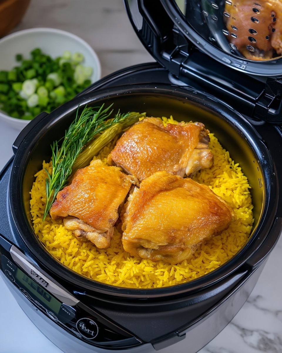 The image shows a rice cooker with three pieces of cooked, pale yellow chicken thighs on top of a bed of bright yellow rice. Under the chicken, the rice looks fluffy and evenly spread inside the black inner bowl of the rice cooker. There are a few green stalks, possibly herbs, placed beside the chicken pieces, adding a hint of green color. The rice cooker is open, revealing the food inside, and is placed on a white marbled surface with a bowl of sliced green onions in the background. The display on the cooker shows a timer, and the lid is partially visible above. Photo taken with an iphone --ar 4:5 --v 7