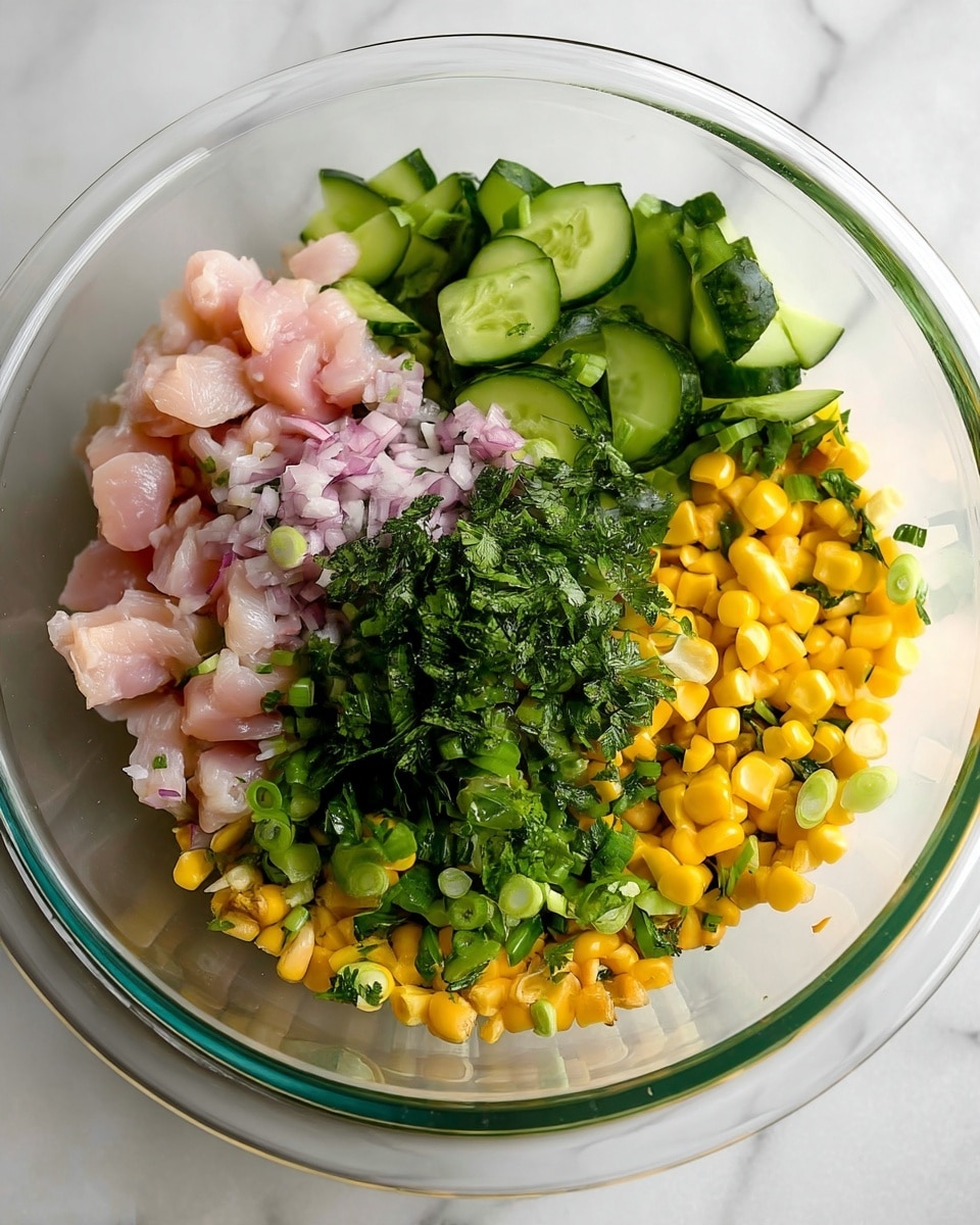 In a clear glass bowl placed on a white marbled surface, there is a colorful mix of fresh ingredients arranged in separate sections: light pink pieces of cooked chicken on the left, green sliced cucumbers on the top right, bright yellow corn kernels on the bottom left, finely chopped red onions mixed with chopped green scallions and fresh leafy herbs like parsley or cilantro stacked in the center. The ingredients show varied textures, from the soft chicken to the crunchy vegetables, all ready to be mixed together. photo taken with an iphone --ar 4:5 --v 7