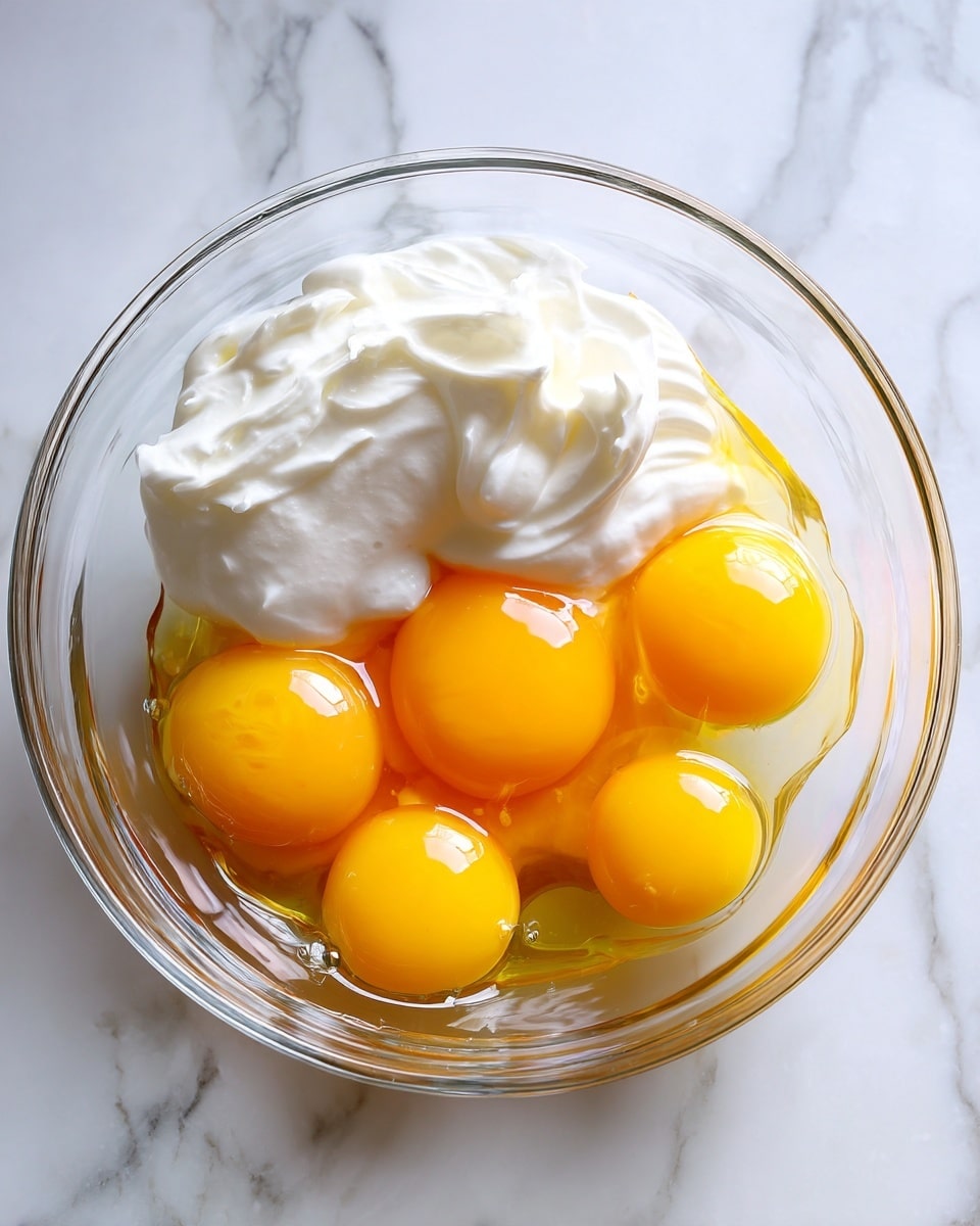 A clear glass bowl on a white marbled surface holds a mix of ingredients. Inside, there is a large scoop of white creamy substance on one side, surrounded by four bright yellow egg yolks sitting in clear egg whites. The bowl's transparency shows the mix from above, and the colors contrast with the smooth white bowl. The photo taken with an iphone --ar 4:5 --v 7