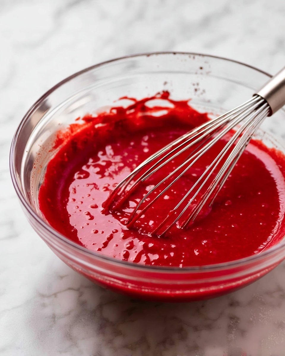 A clear glass bowl filled with thick, bright red batter with a shiny texture and small bubbles on the surface. A silver whisk is partly dipped into the batter, showing the smooth mixture coating the wires. The bowl rests on a white marbled surface with some specks of red batter on the rim. Photo taken with an iphone --ar 4:5 --v 7