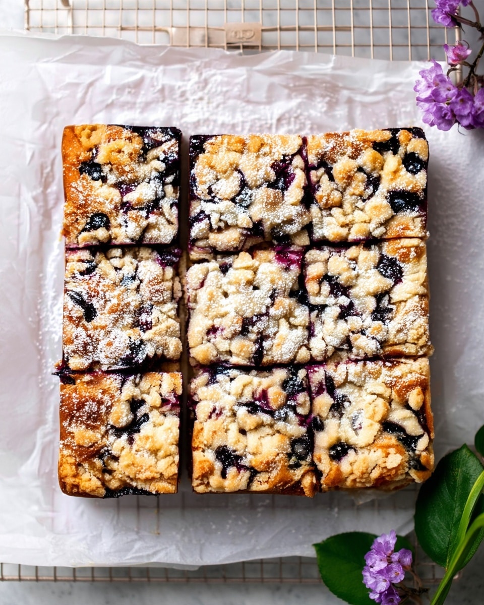 A square berry crumb cake is shown from above, divided into nine equal pieces arranged in a 3 by 3 grid. The top layer is a golden-brown crumb with a sugary, slightly crunchy texture, scattered with dark purple berries that have burst slightly within the crumb. The crumb topping lightly dusted with powdered sugar creates a soft white contrast to the warm golden color. The cake sits on white parchment paper over a wire cooling rack, placed on a white marbled surface. A small purple flower and green leaves are visible on the bottom right corner. Photo taken with an iphone --ar 4:5 --v 7