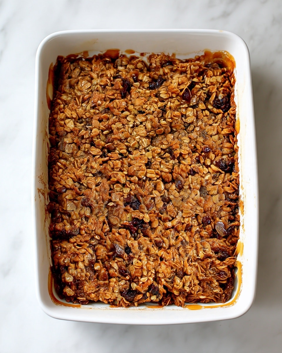 A white rectangular baking dish filled with a dense, crumbly oat mixture that has a golden-brown color. The mixture is textured with visible oats, raisins, and darker bits spread evenly across the top, forming a slightly rough and uneven surface. The edges of the dish show caramelized spots where the topping has baked thicker. The dish is placed on a white marbled surface. photo taken with an iphone --ar 4:5 --v 7