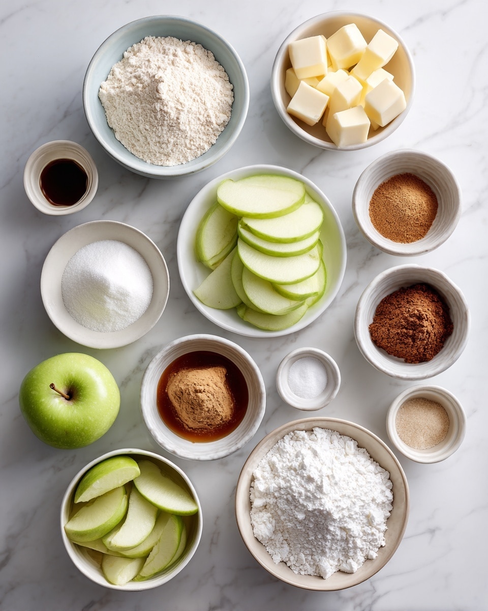 Top-down professional food photography flat lay style bright white marble countertop neatly arranged evenly spaced tidy clean organized layout include bowl of plain all purpose flour small bowl of caster sugar small plate of cold cubed dairy-free butter bowl of light brown sugar bowl of cold water small bowl of cornstarch small bowl of ground cinnamon bowl of peeled cored sliced green apples small bowl of light brown sugar bright soft natural lighting sharp focus high detail textures realistic reflections professional DSLR look 4K no finished dish no cooked food no hands no text no watermark no brand logos --ar 4:5 --v 7