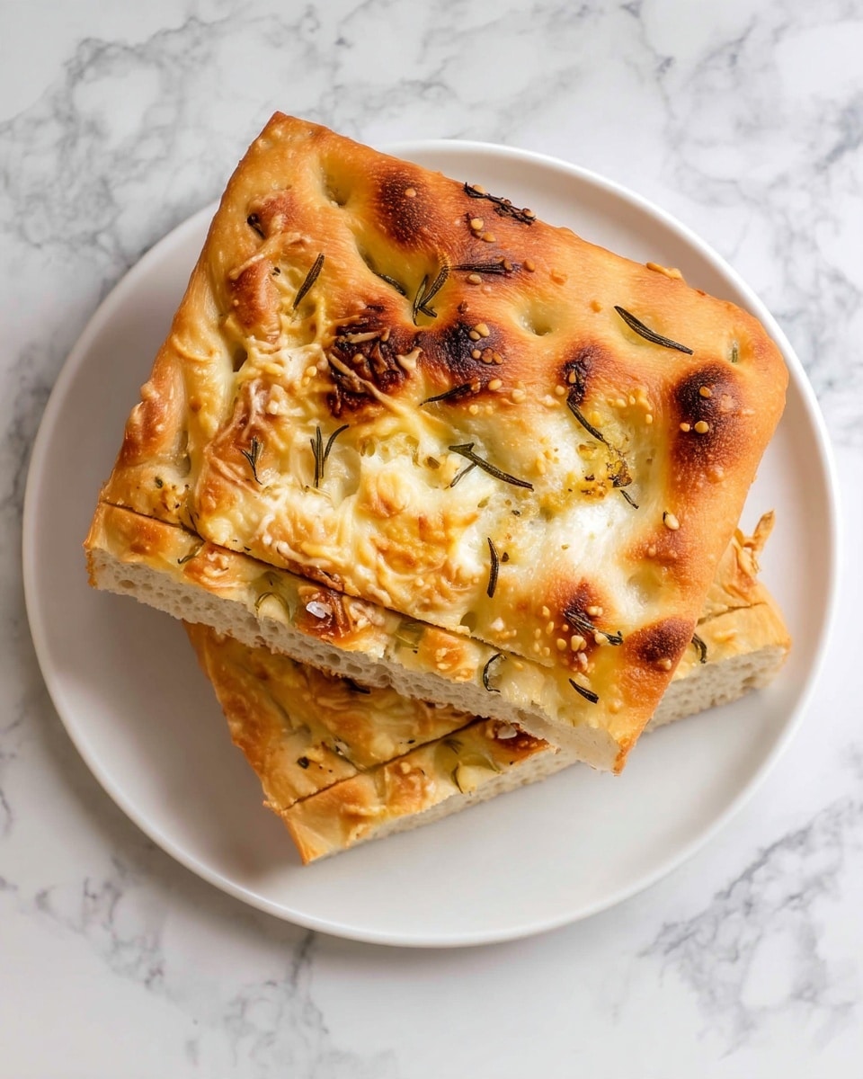 Two rectangular pieces of focaccia bread with a golden brown crust and a soft, light inside are placed on a white plate. The top of the bread shows melted cheese, small bits of rosemary, and some sesame seeds scattered on it. The bread surface has a slightly rough texture with small air bubbles and dimples. The plate is set on a white marbled surface. photo taken with an iphone --ar 4:5 --v 7