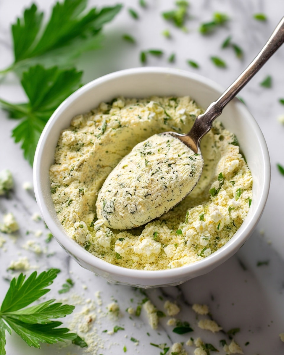 A close-up image shows a white bowl filled with a pale yellow powder mixed with small green herb pieces, giving a textured and slightly crumbly look. A silver spoon is scooping some of the powder, showing the rough and grainy texture of the mixture. Around the bowl, there are a few green leaves and some scattered herb bits on the white marbled surface, adding fresh green accents to the scene. The photo is clear and bright, emphasizing the details of the powder and herbs. photo taken with an iphone --ar 4:5 --v 7