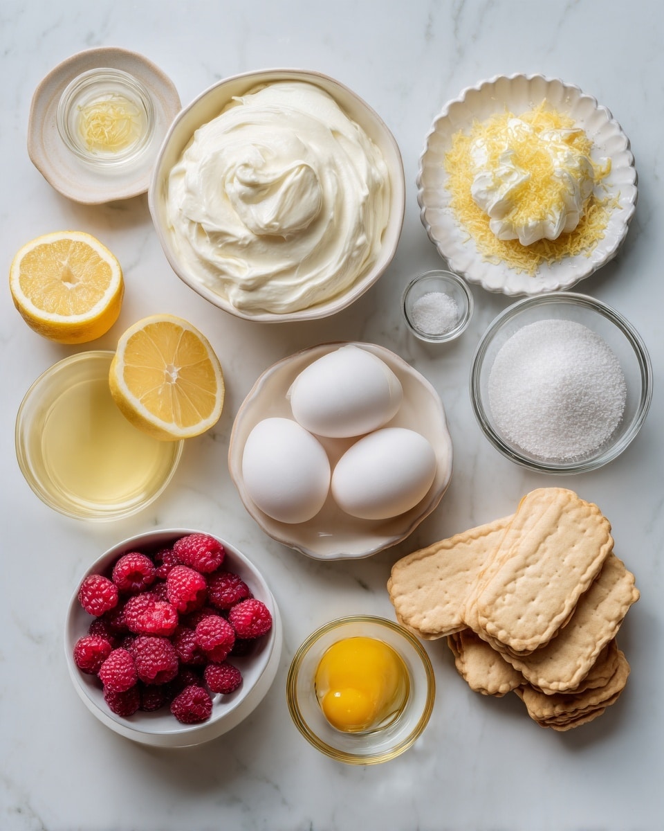 Top-down professional food photography, flat lay style, bright white marble countertop, neatly arranged, evenly spaced, tidy, clean organized layout, include: bowl of cream cheese, small bowl of granulated sugar mixed with lemon zest, small plate with two large eggs, small glass cup of vanilla flavoring, small glass cup of freshly squeezed lemon juice, plate with vanilla wafer cookies, small bowl of lemon curd, small bowl of fresh raspberries, bright soft natural lighting, sharp focus, high detail textures, realistic reflections, professional DSLR look, 4K, no finished dish, no cooked food, no hands, no text, no watermark, no brand logos --ar 4:5 --v 7