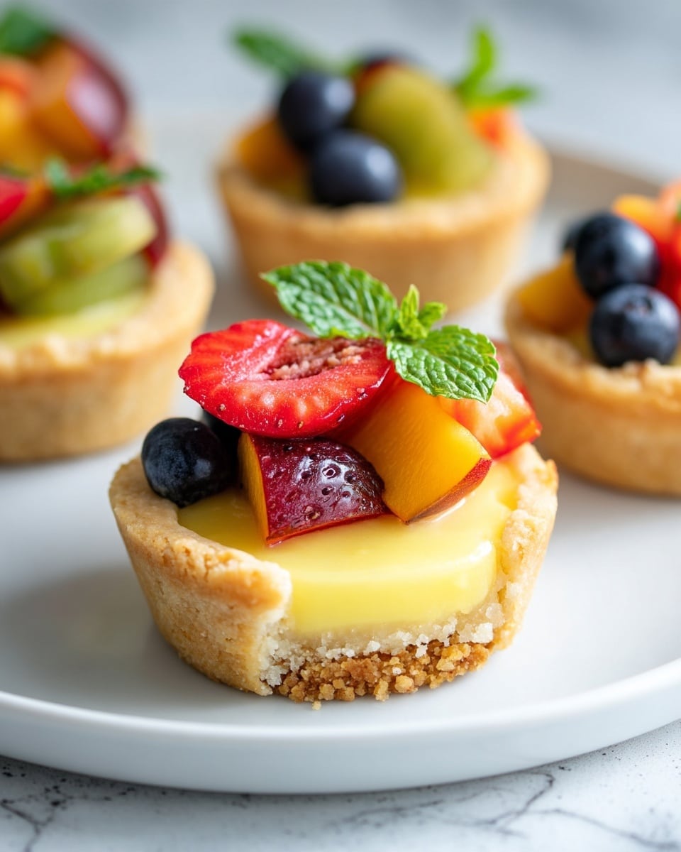 The image shows a small tart with three visible layers arranged from bottom to top: a crumbly golden crust, a smooth light yellow custard filling, and a topping of fresh fruit including a red strawberry slice, a green grape half, a dark blue blueberry, and a gold-yellow peach slice on the side. A small sprig of fresh green mint sits on top of the fruit. The tart is on a white plate placed on a white marbled surface, with more tarts blurred in the background. The lighting is bright and natural, highlighting the glossy texture of the fruit and creamy custard. Photo taken with an iphone --ar 4:5 --v 7