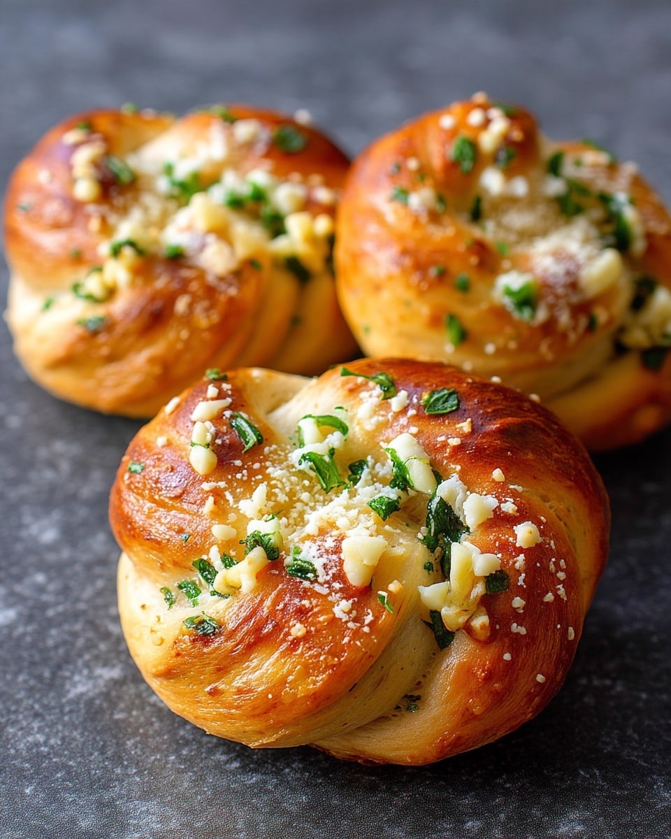 Three golden brown baked rolls with a shiny crust sit on a dark grey stone surface, each shaped into a knot with three visible layers of soft dough twisted together. The tops are sprinkled with small chunks of pale white cheese and bright green chopped parsley, adding texture and color contrast. The rolls have a slightly crisp outer texture with hints of softness inside, and the cheese looks slightly melted but still crumbly. Photo taken with an iphone --ar 4:5 --v 7