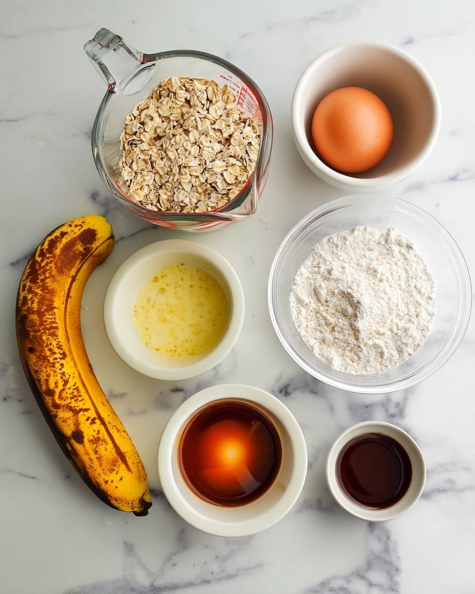 The image shows eight ingredients arranged on a white marbled surface. On the left side, there is one ripe banana with brown spots laying vertically. Above it, there is a transparent glass measuring cup filled halfway with a light cream liquid. Below the banana, a metal measuring cup contains dry oats. Next to the oats, there is a small round white bowl with melted yellow butter. In the center, there is another small white bowl filled with amber maple syrup. Toward the bottom right, there is a third small white bowl filled with dark brown vanilla extract. Above it, an egg with a light brown shell rests on the surface. Near the top right side, a metal measuring cup holds white flour. Lastly, a clear glass bowl contains white baking powder, cinnamon powder, and salt with distinct layers of color in it. Photo taken with an iphone --ar 4:5 --v 7