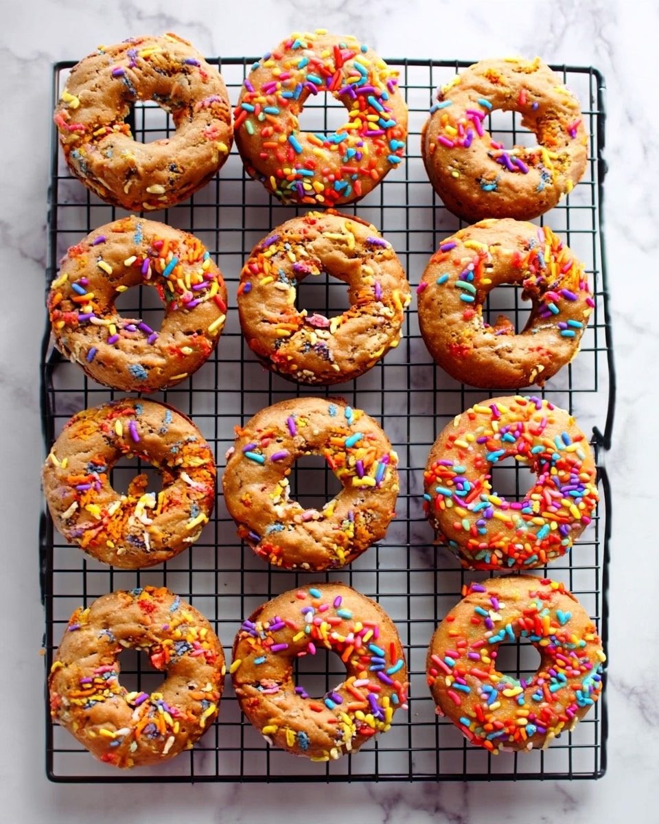 There are ten baked donuts arranged in a grid on a black cooling rack over a white marbled surface. Each donut is golden brown with a slightly rough texture and is topped with small, colorful sprinkles in red, orange, yellow, purple, and blue scattered unevenly on the surface. The donuts have a thick and soft look, with each having a round hole in the center. The image is bright with clear details of the donut texture and the sprinkles. Photo taken with an iphone --ar 4:5 --v 7