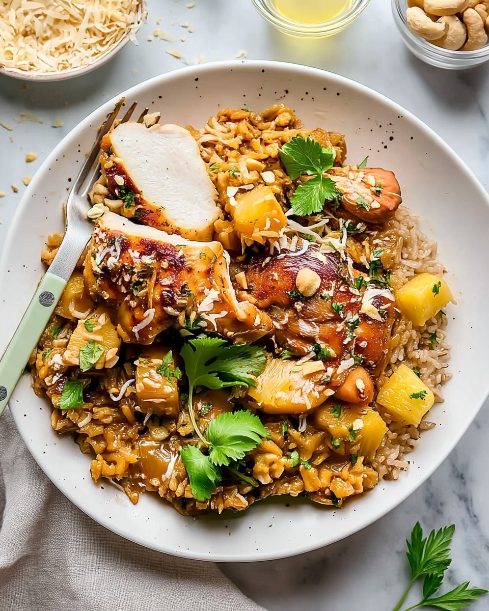 A white plate holds a dish with two thick pieces of golden brown chicken on top, one piece sliced to show the white inside. The chicken rests on a bed of brown rice mixed with chunks of yellow pineapple and some herbs. Small bits of chopped nuts and green parsley leaves are scattered over the chicken and rice. A fork with a pale green handle is placed on the left side of the plate. The plate is set on a white marbled surface, with a bowl of grated cheese at the top and a small bowl of cashews on the left edge. photo taken with an iphone --ar 4:5 --v 7