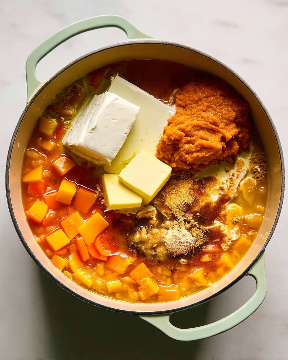 A large light green pot sits on a white marbled surface, filled with a colorful mix of ingredients. The base layer is a rich orange soup with visible small cubes of orange squash and bits of light orange carrot, all sitting in a slightly thick liquid. On top of this are three dollops: a smooth orange pumpkin puree on the right side, a square block of white cream cheese near the top left, and two pats of pale yellow butter placed side by side just below the cream cheese. Sprinkled over these layers are light brown spices, slightly grainy in texture, sitting on parts of the butter and pumpkin puree. The overall look is warm and creamy with a mix of chunky and smooth textures. Photo taken with an iphone --ar 4:5 --v 7