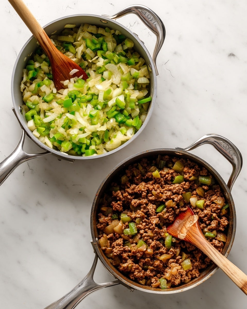 The image shows two round stainless steel pots on a white marbled surface. The pot on the left has a layer of cooked diced onions mixed with green bell pepper pieces, and a wooden spoon resting inside, scooping some of the mixture. The pot on the right contains cooked ground beef mixed with similar diced onions and green bell pepper pieces. A wooden spoon is also inside this pot, stirring the ground beef mixture. Both pots have short handles on each side and the lighting highlights the texture and slight shine of the cooked ingredients photo taken with an iphone --ar 4:5 --v 7