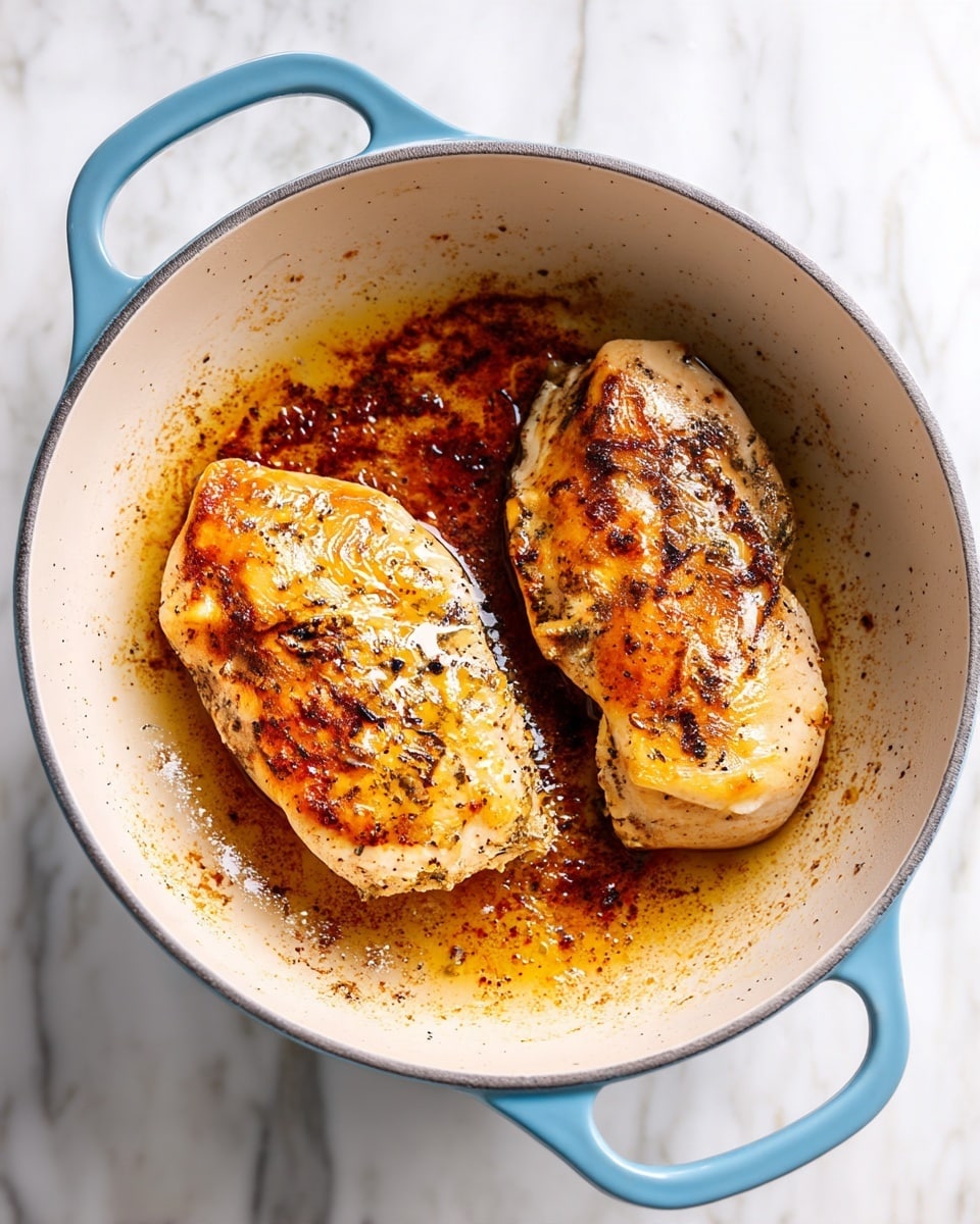 The image shows two cooked chicken pieces with a golden brown color and slight black specks from pepper, sitting inside a white pot with a light blue handle. The chicken has a slightly crispy texture on top with visible browning and juices around them, giving a warm and cooked look. The pot is placed on a white marbled surface, adding a clean and simple background to the scene. Photo taken with an iphone --ar 4:5 --v 7