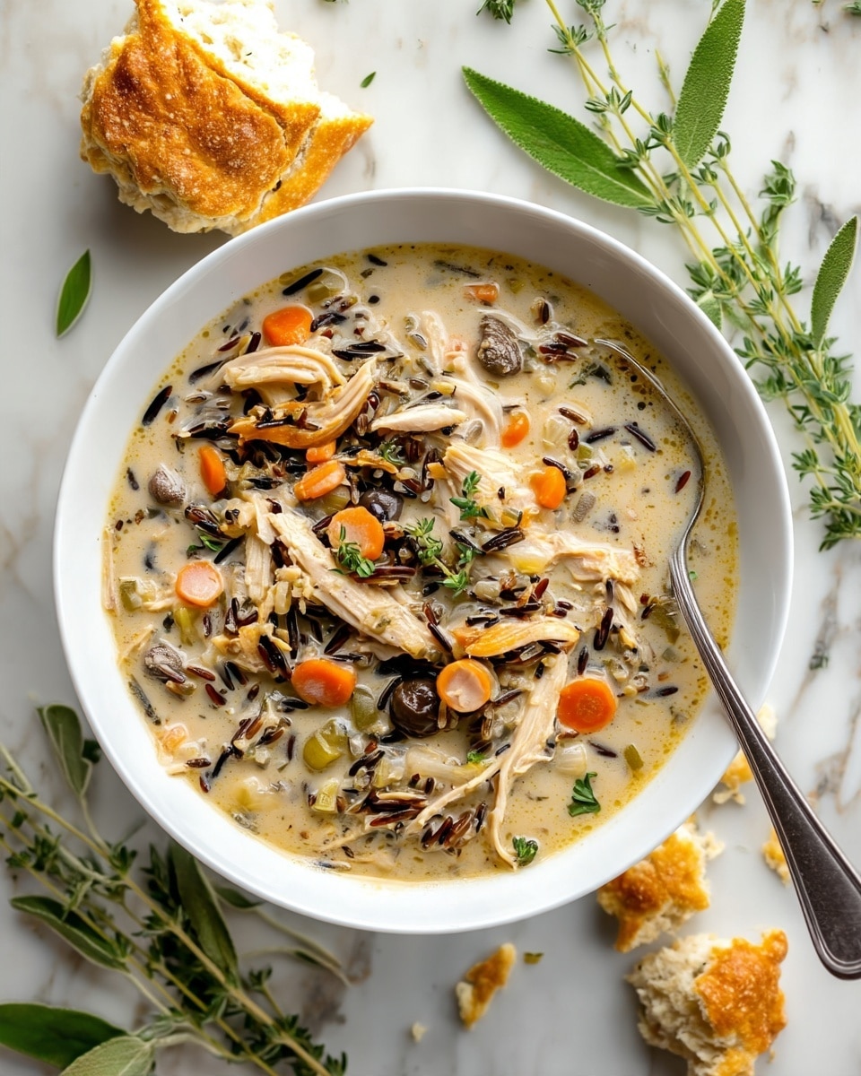 A white bowl filled with creamy chicken and wild rice soup, showing layers of shredded pale chicken, dark wild rice, round orange carrot slices, and small green herbs mixed in, all in a thick light beige broth; a silver spoon inside the bowl rests on the right side, with a beige biscuit torn into pieces around the bowl on a white marbled surface; fresh green herb leaves and small branch sprigs lay scattered nearby, giving a fresh touch photo taken with an iphone --ar 4:5 --v 7