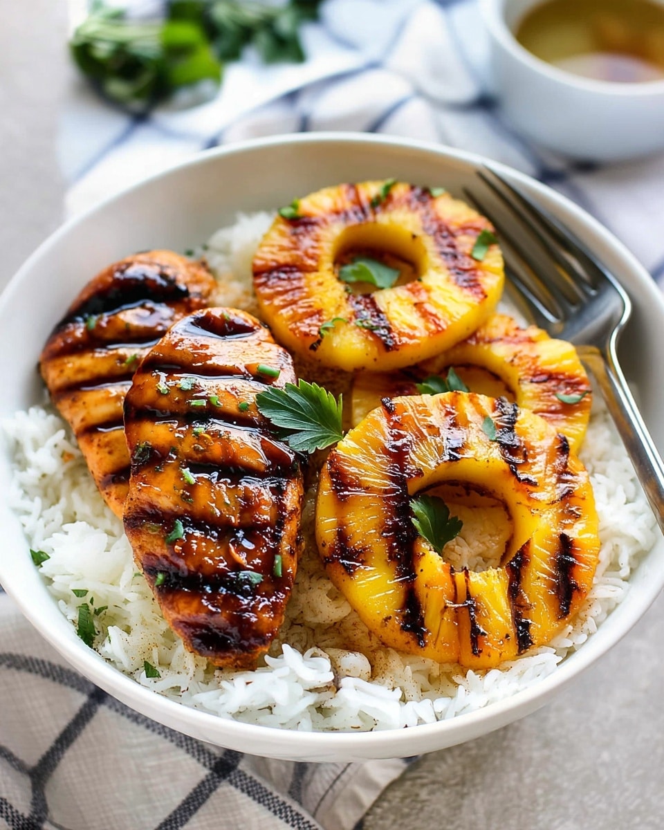 A white plate holds a layer of grilled pineapple rings with bright yellow and charred dark brown stripes. On top, there are several grilled chicken pieces with a golden-brown color and dark grill marks, glistening with a shiny glaze. Fresh green parsley leaves are scattered on both the pineapple and chicken, adding a touch of color. In the background, blurred out, is a white bowl with a light brown sauce. The dish is set on a white marbled surface. photo taken with an iphone --ar 4:5 --v 7