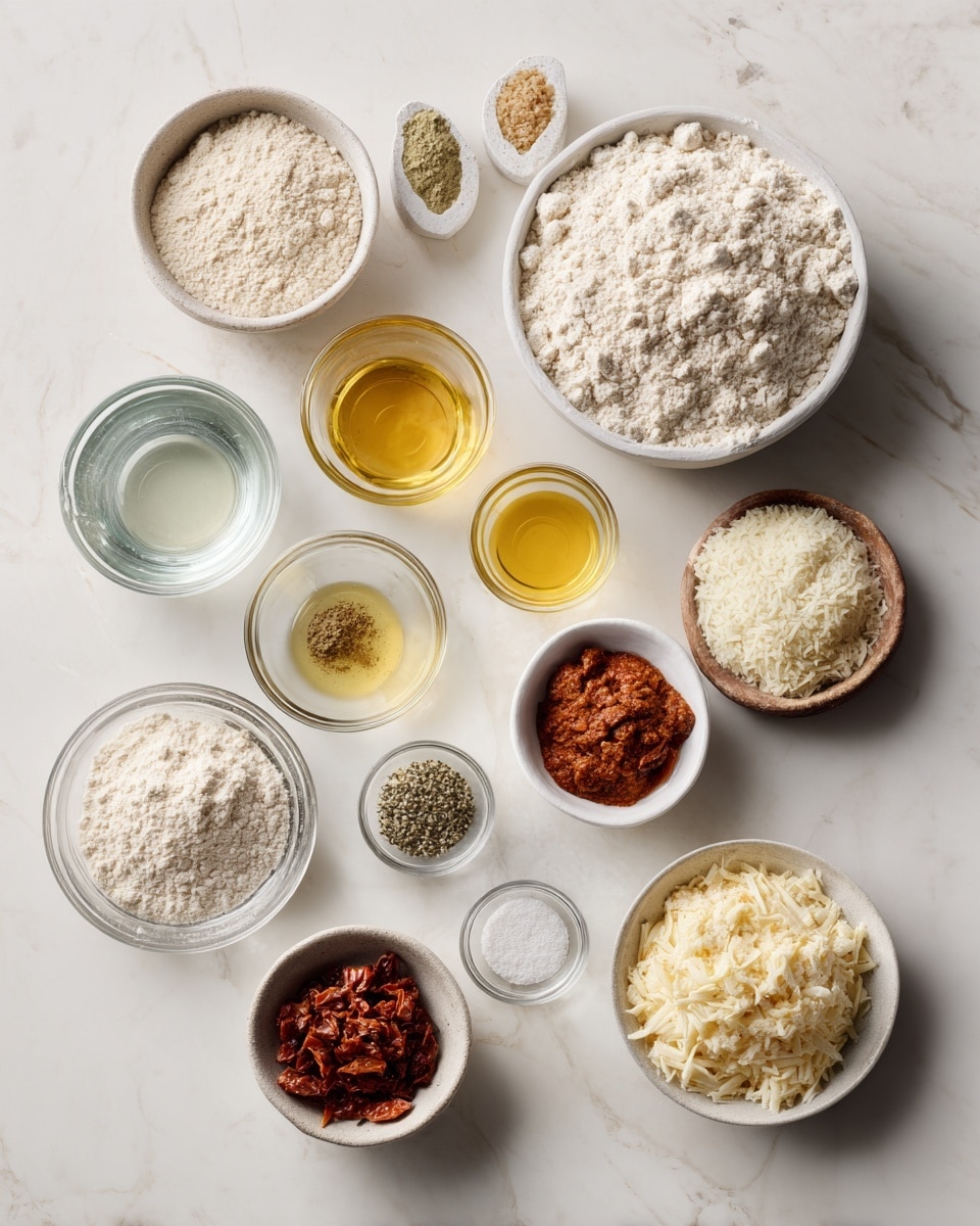 Top-down professional food photography, flat lay style, bright white marble countertop, neatly arranged, evenly spaced, tidy, clean organized layout, include: bowl of gluten free all-purpose flour blend with xanthan gum, small bowl of tapioca starch, small bowl of instant yeast, small bowl of fine sea salt, small bowl of dried Italian seasoning, glass measuring cup of warm water, small glass cup of whole psyllium husk, small glass cup of honey, small glass cup of apple cider vinegar, small glass cup of extra-virgin olive oil, small bowl of chopped sun-dried tomatoes, small bowl of chopped Kalamata olives, small bowl of grated Parmesan cheese, bright soft natural lighting, sharp focus, high detail textures, realistic reflections, professional DSLR look, 4K, no finished dish, no cooked food, no hands, no text, no watermark, no brand logos --ar 4:5 --v 7