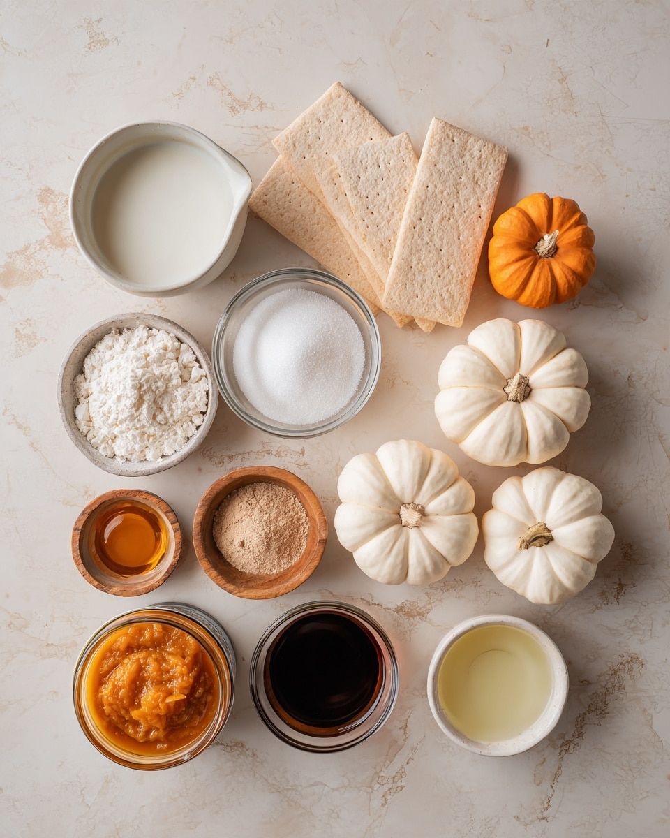 The image shows a flat lay of ingredients arranged neatly on a white marbled surface. There are three small white pumpkins clustered on the right side, two orange and one pale cream. Five pieces of beige rectangular crackers are placed next to the pumpkins. In the center, a mix of clear glass bowls hold white sugar, milk, and powdered white substance, along with a bowl of brown powder. A small wooden bowl contains coarse salt. A partially opened tin of orange pumpkin puree sits on the lower left, near a small amber glass bowl filled with a dark liquid and another clear bowl holding a light yellow liquid. The ingredients are spaced evenly, creating a balanced and clean composition. photo taken with an iphone --ar 4:5 --v 7