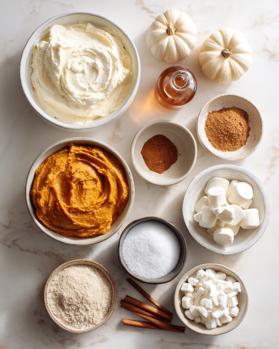 Top-down professional food photography flat lay style, bright white marble countertop, neatly arranged, evenly spaced, tidy, clean organized layout, include: bowl of full-fat cream cheese softened, small bowl of canned pure pumpkin puree, small bottle of vanilla flavoring, small bowl of pumpkin pie spice, small bowl of ground cinnamon, small bowl of salt, small bowl of powdered sugar, bowl of graham cracker crumbs, bowl of white melting wafers, bright soft natural lighting, sharp focus, high detail textures, realistic reflections, professional DSLR look, 4K, no finished dish, no cooked food, no hands, no text, no watermark, no brand logos --ar 4:5 --v 7