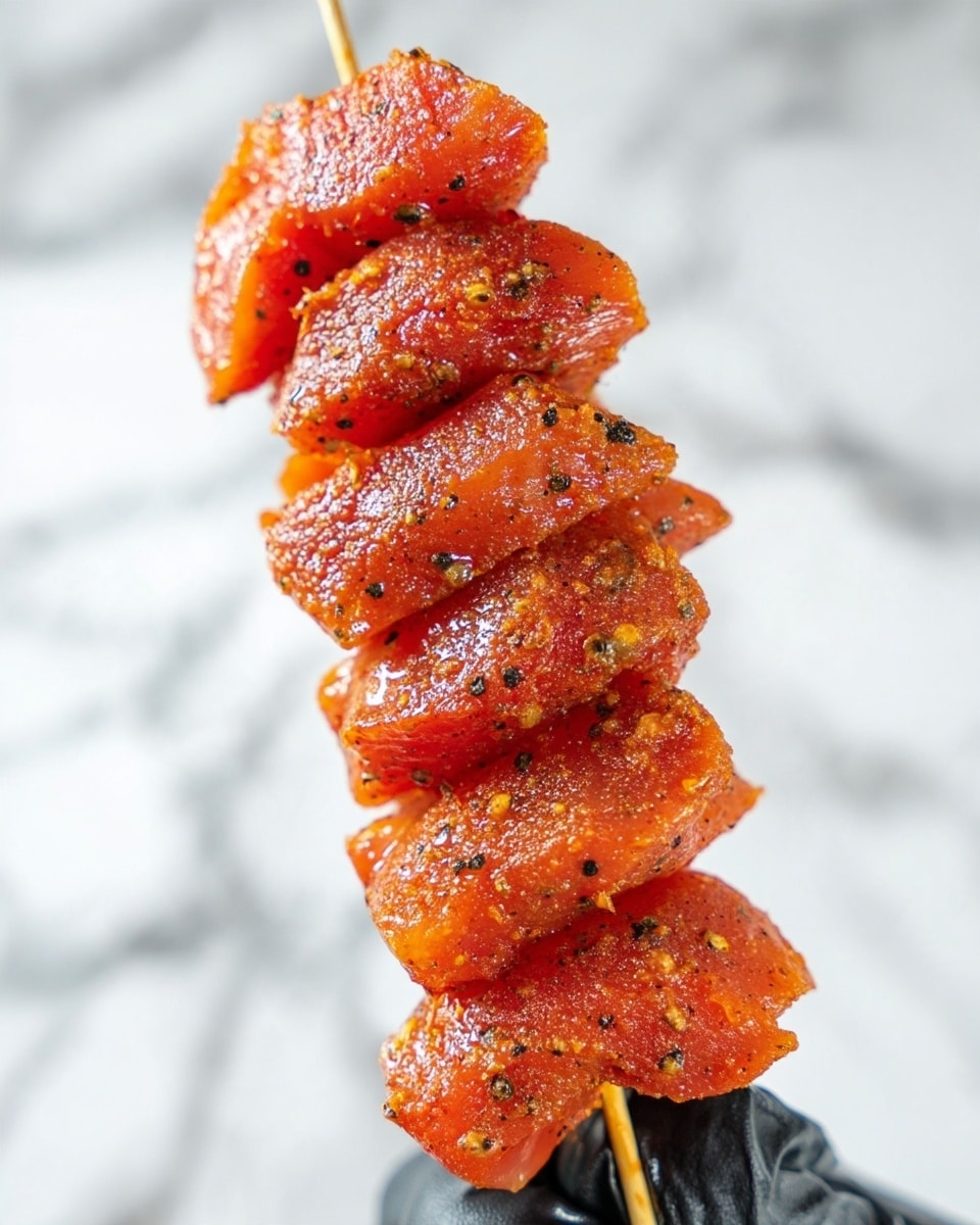 The image shows five pieces of reddish-orange seasoned meat threaded closely together on a light wooden skewer. The meat has a slightly glossy look with visible black pepper flakes and a textured surface showing some fat and muscle fibers. The skewer is held vertically by a woman's hand wearing a black glove, and the background is a white marbled surface. photo taken with an iphone --ar 4:5 --v 7