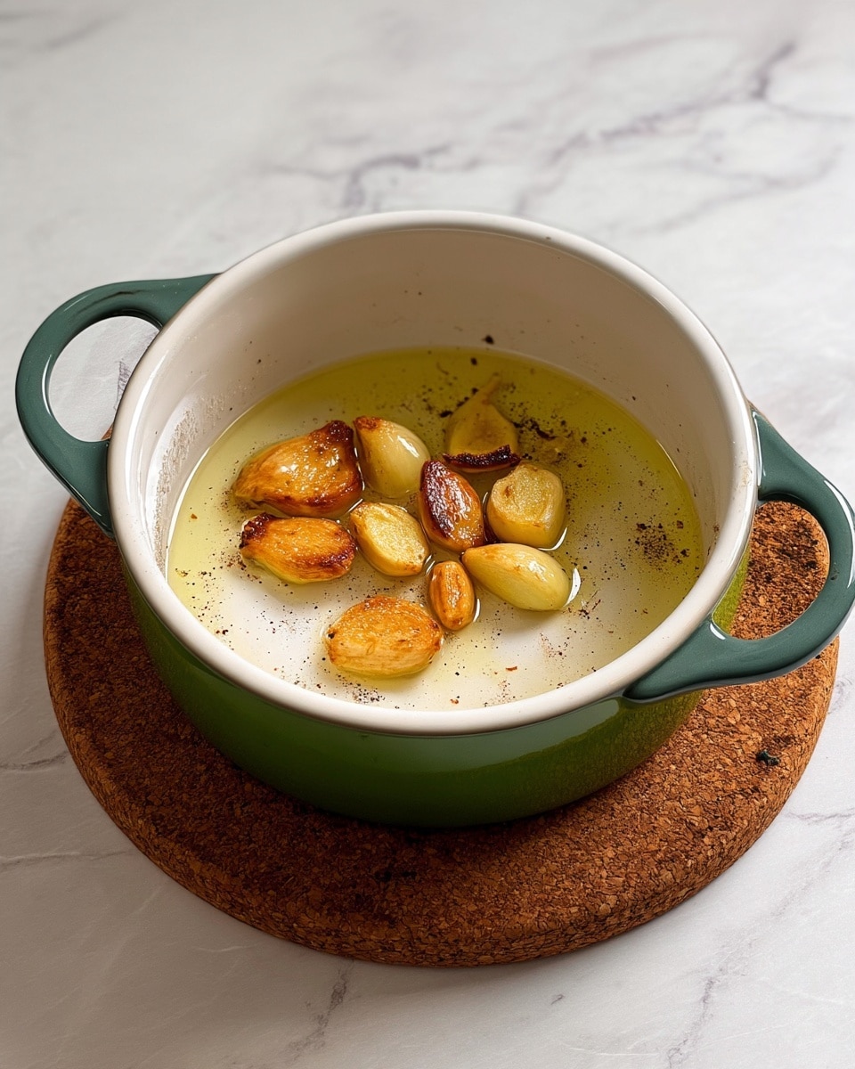 A white pot with green handles sits on a round cork trivet over a white marbled surface. Inside the pot, there is a shallow layer of oil with several golden-brown roasted garlic cloves scattered mostly along the bottom left side. A few pieces of slightly browned ginger are also visible floating inside the oil near the top and right side of the pot. The inside pot surface is cream-colored and has some dark specks, resulting from the roasted garlic and ginger. Photo taken with an iphone --ar 4:5 --v 7