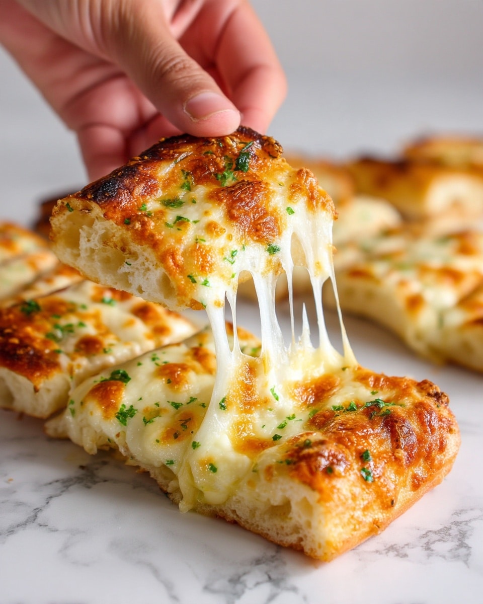 A close-up of a woman's hand pulling apart a slice of cheesy breadstick, showing stretchy melted cheese with small green herb bits on top; the breadstick has a golden brown color at the edges and a soft, cheesy white layer on top, with more cheesy breadsticks in the background on a white marbled surface. photo taken with an iphone --ar 4:5 --v 7